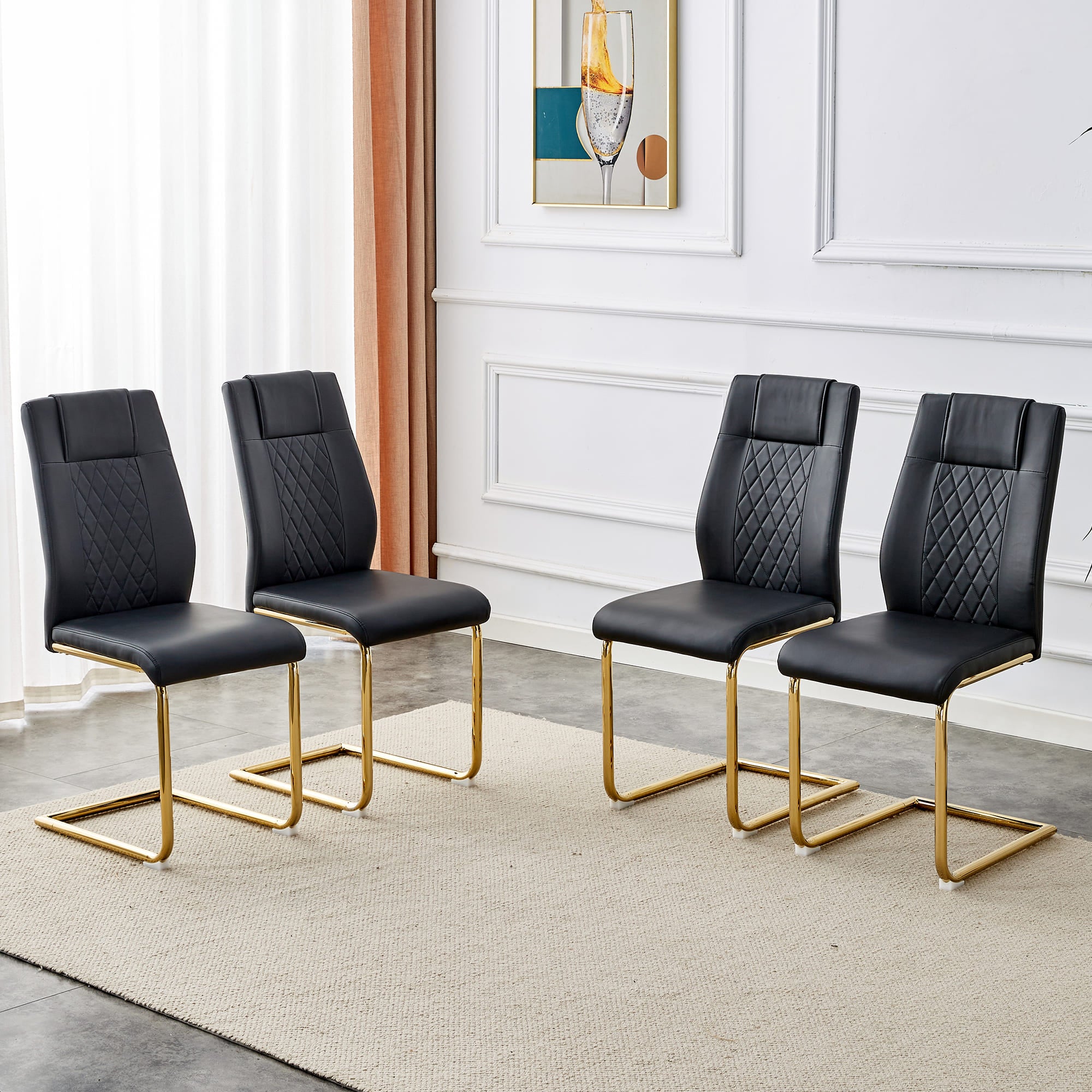 4 Pcs Faux Leather Upholstered Grid High Back Dining Chairs with Metal Base- Black, Gold_21