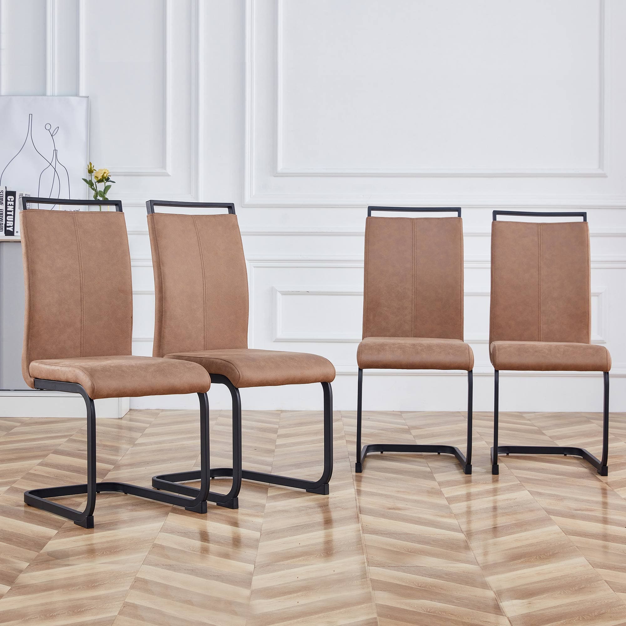 Set of 4 Modern High Back Upholstered Side Chair with C-shaped Legs- Brown, Black_0