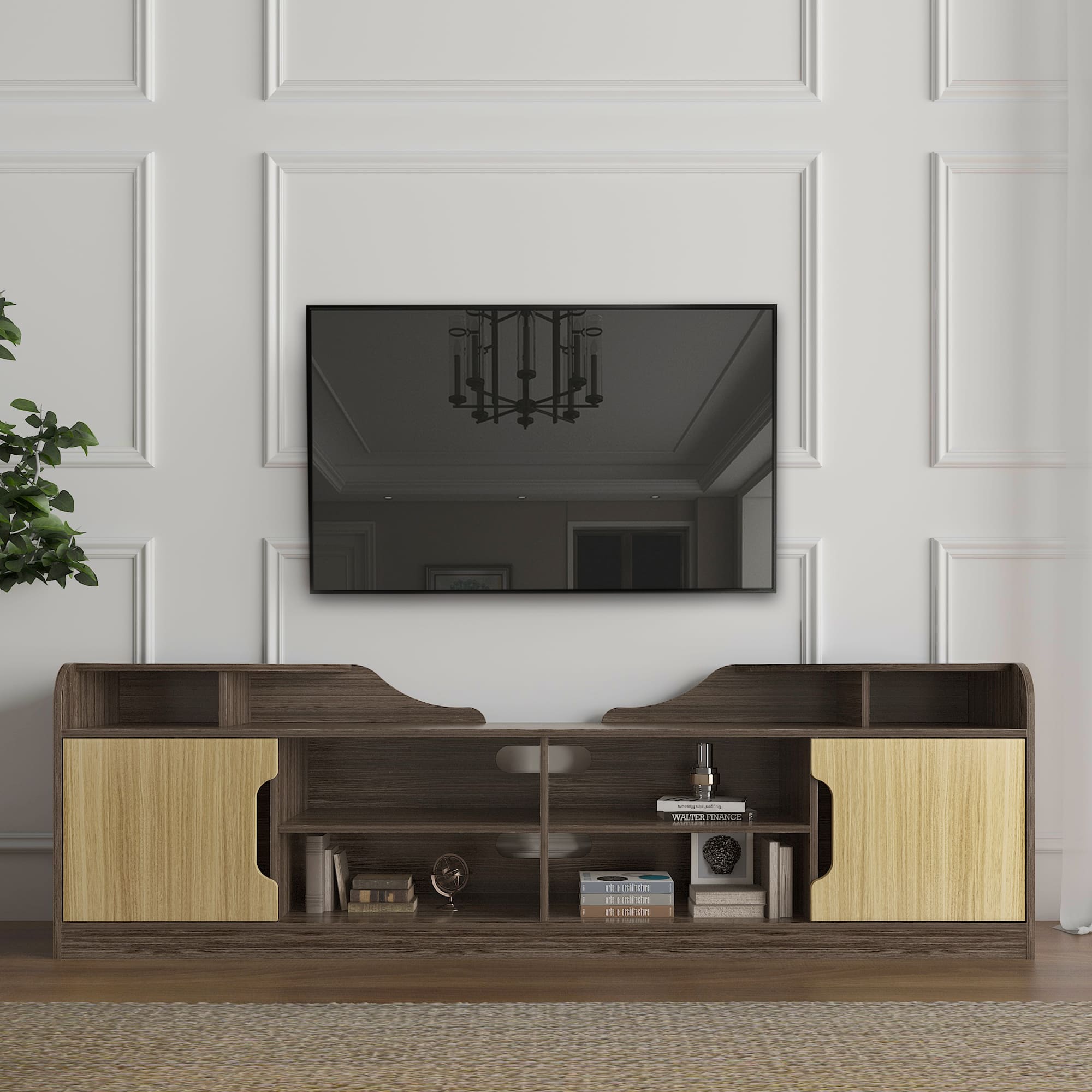 A Modern TV Stand for 70 Inch TV High Gloss Entertainment Center- Beige+Brown with a horizontal grain pattern and two built-in storage drawers underneath, embodying a modern minimalist design.