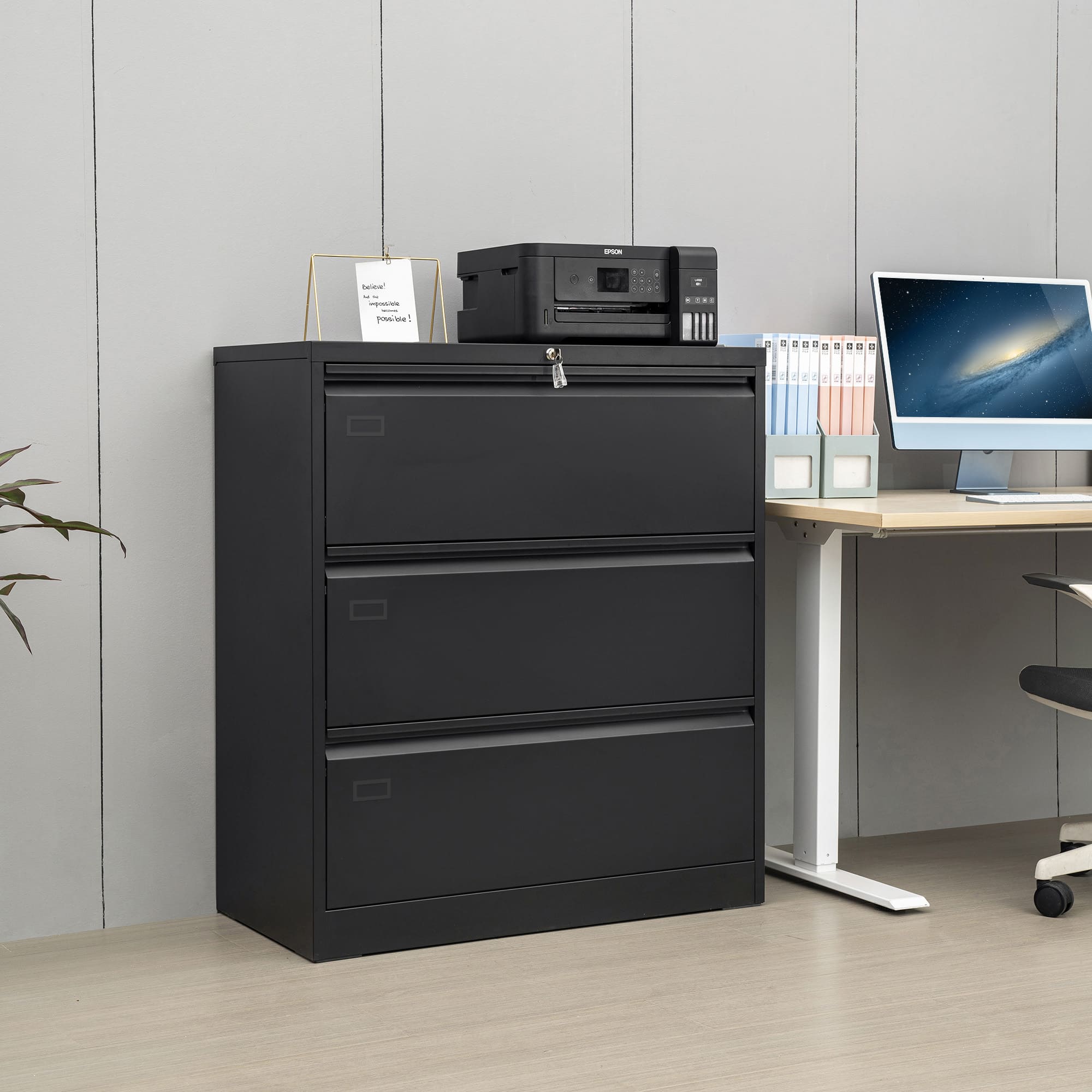 3 Deep Large Drawers Lateral Metal Filing Cabinet for Legal/Letter A4 Size Documents- Black_0