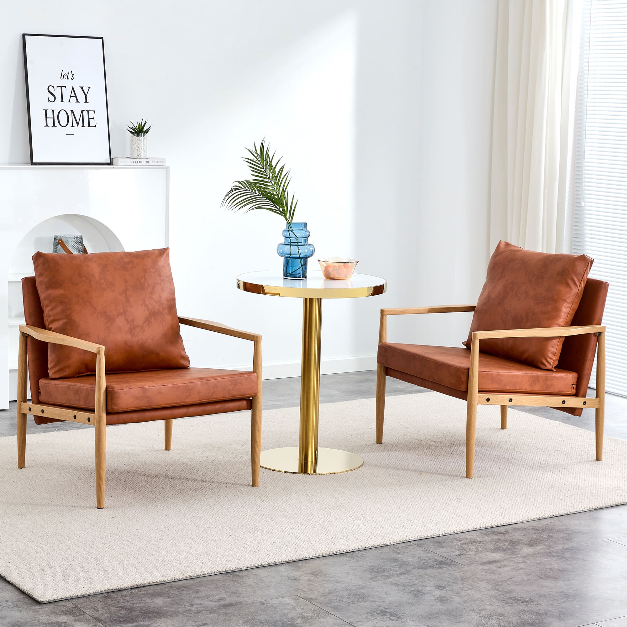 Set of 2 PU Leather Mid Century Modern Accent Armchair with Metal Frame- Brown, Brown_0