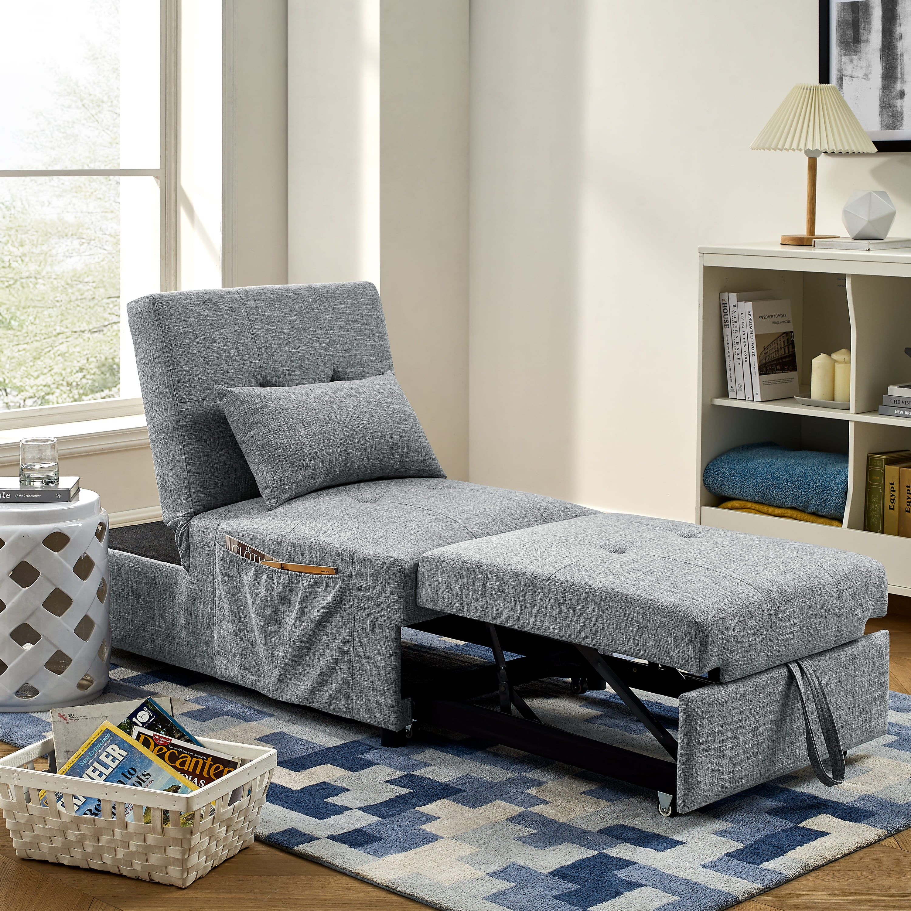 4 in 1 Folding Ottoman Sleeper Sofa Bed Chaise Lounge for Small Space Living- Grey_1