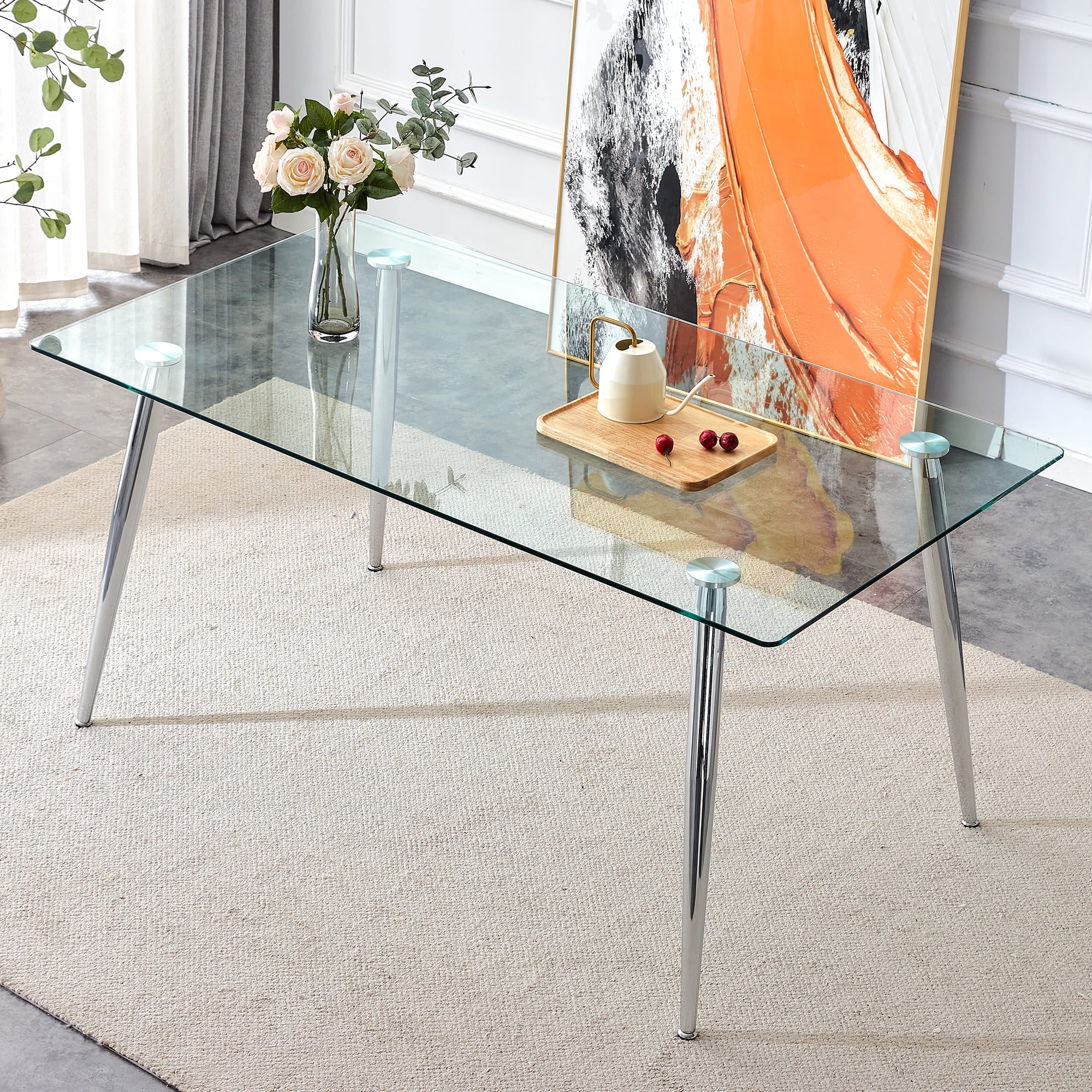 4 to 6 Seater Modern Minimalist Thick Tempered Glass Dining Table with Silver Metal Legs_0