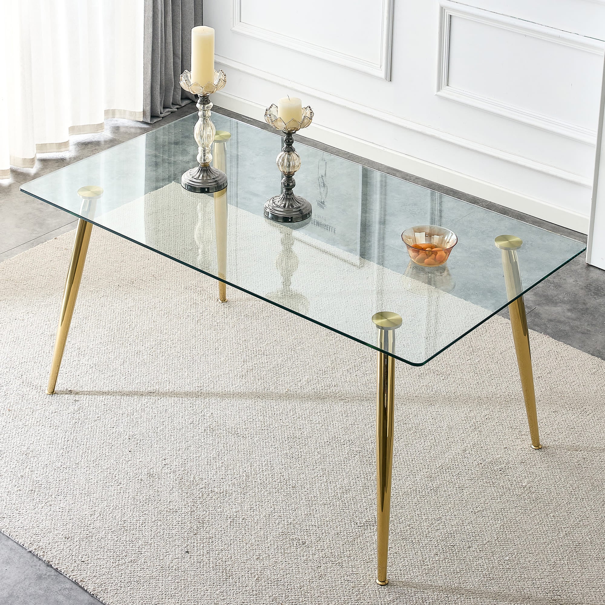4 to 6 Seater Modern Minimalist Thick Tempered Glass Dining Table with Gold Metal Legs_2