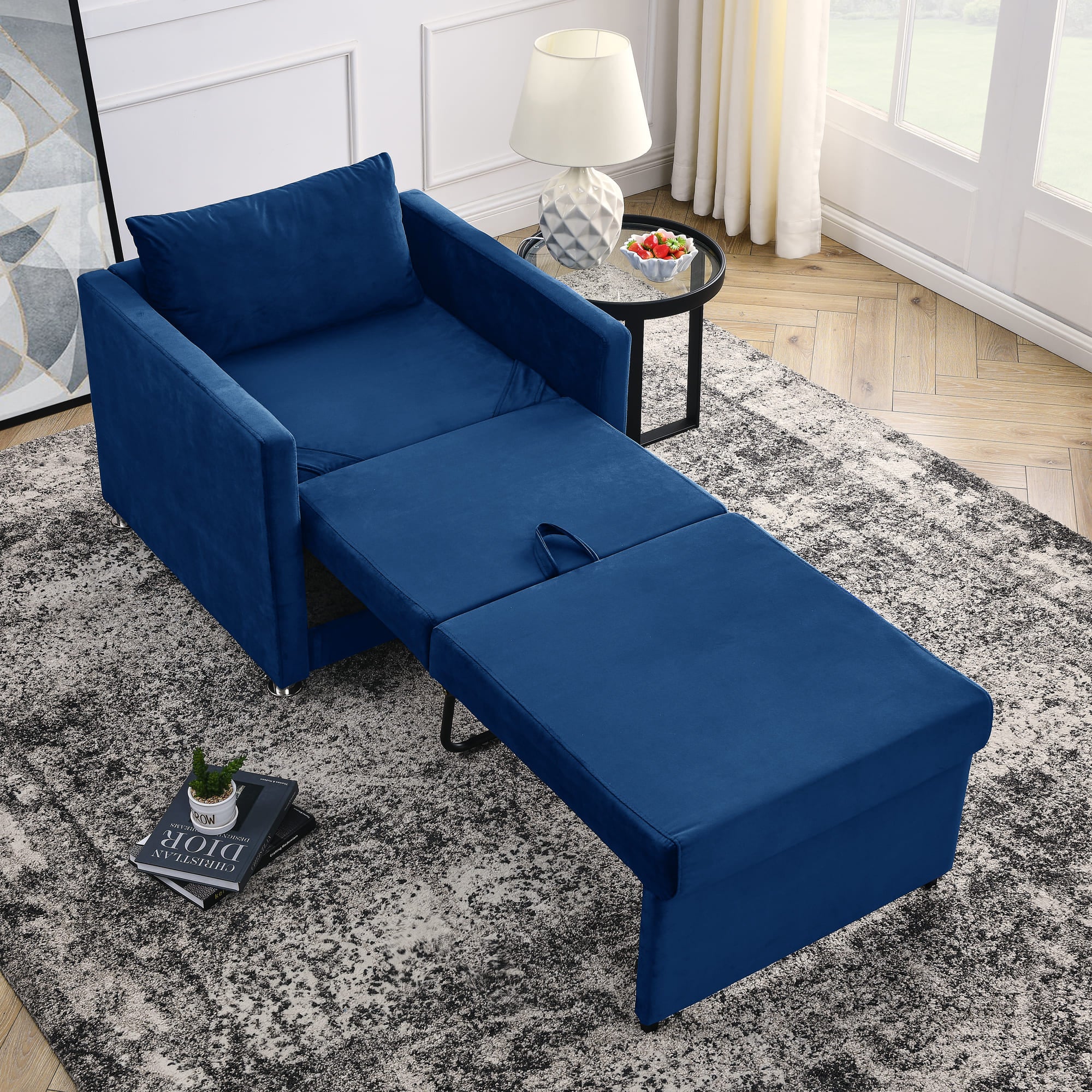 2-in-1 Convertible Sofa Chair Bed Space Saving Lounger Sleeper Chair- Blue_0