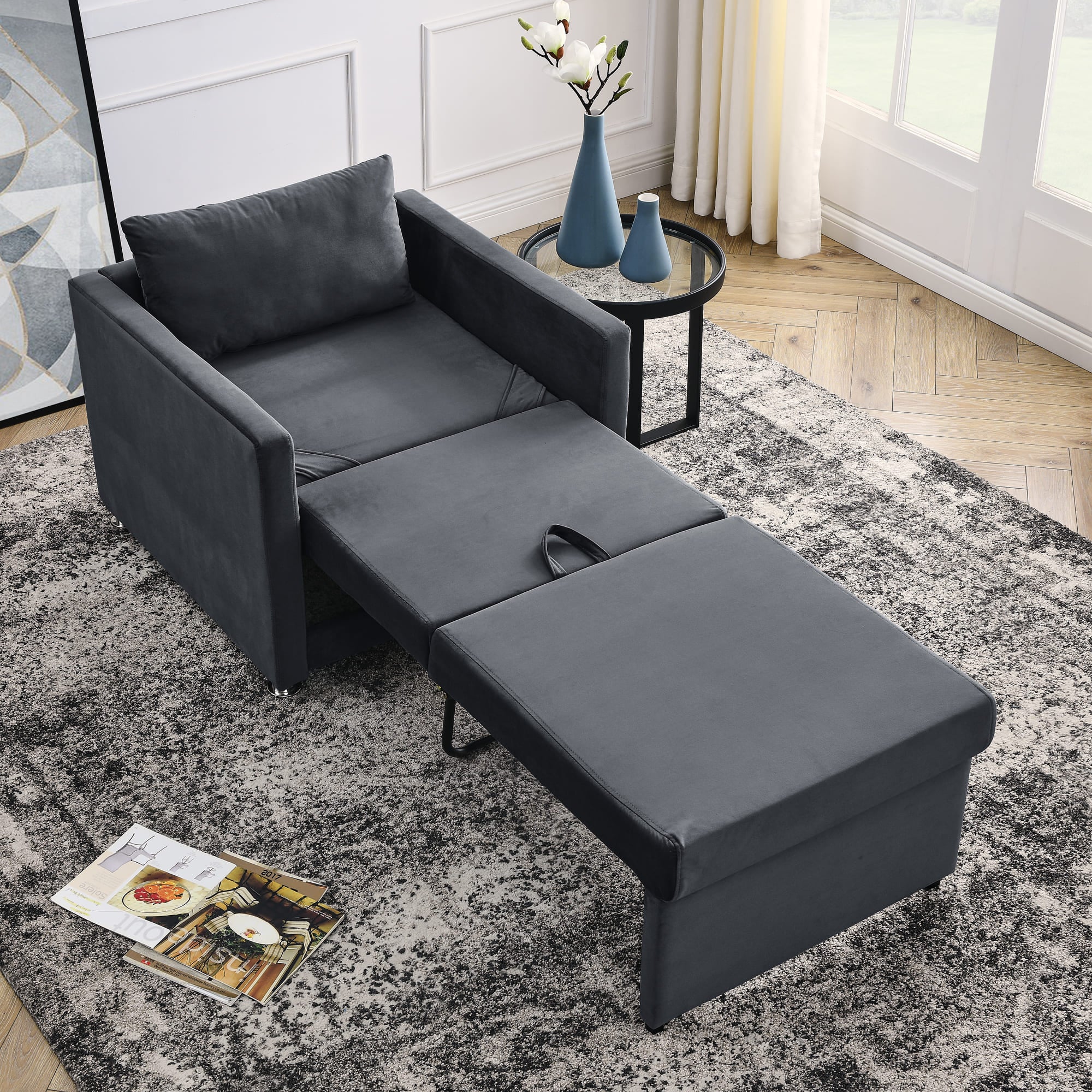 2-in-1 Convertible Sofa Chair Bed Space Saving Lounger Sleeper Chair- Gray_0