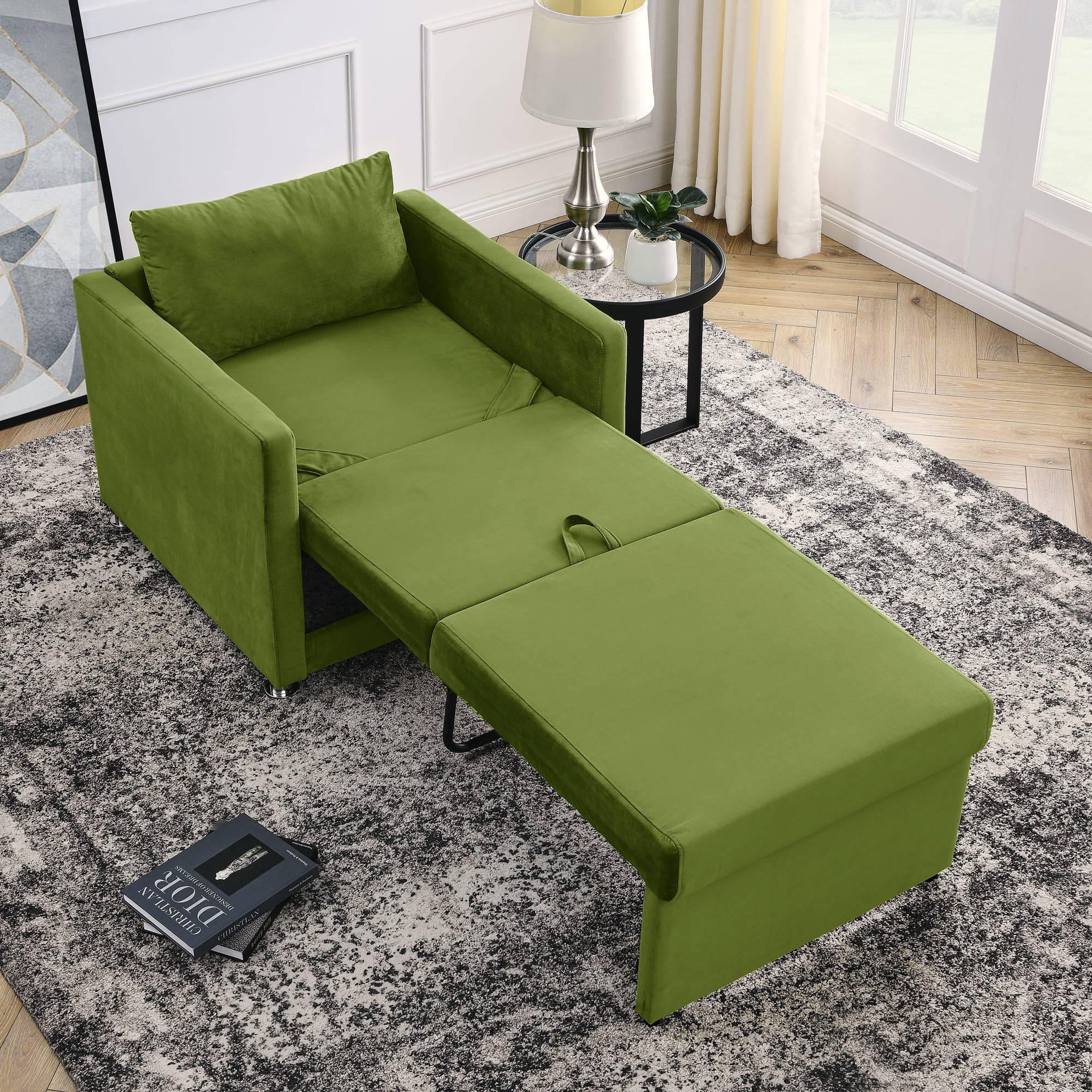 2-in-1 Convertible Sofa Chair Bed Space Saving Lounger Sleeper Chair- Green_0