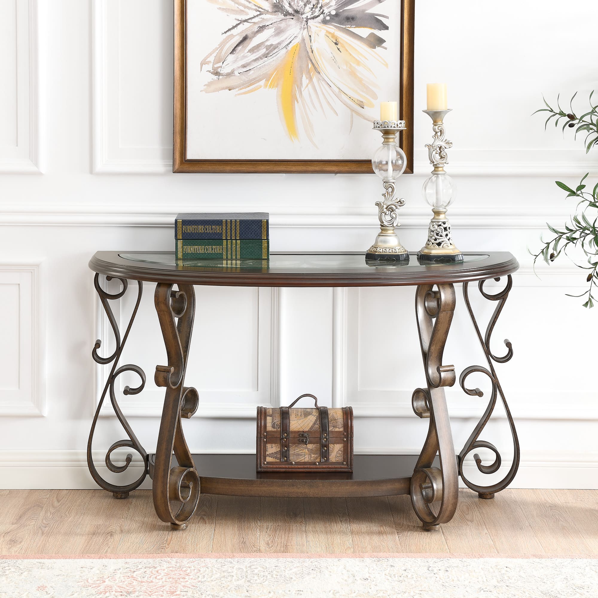 Accent Console Table with Glass Top and Powder Coat Finish with Metal Legs_0
