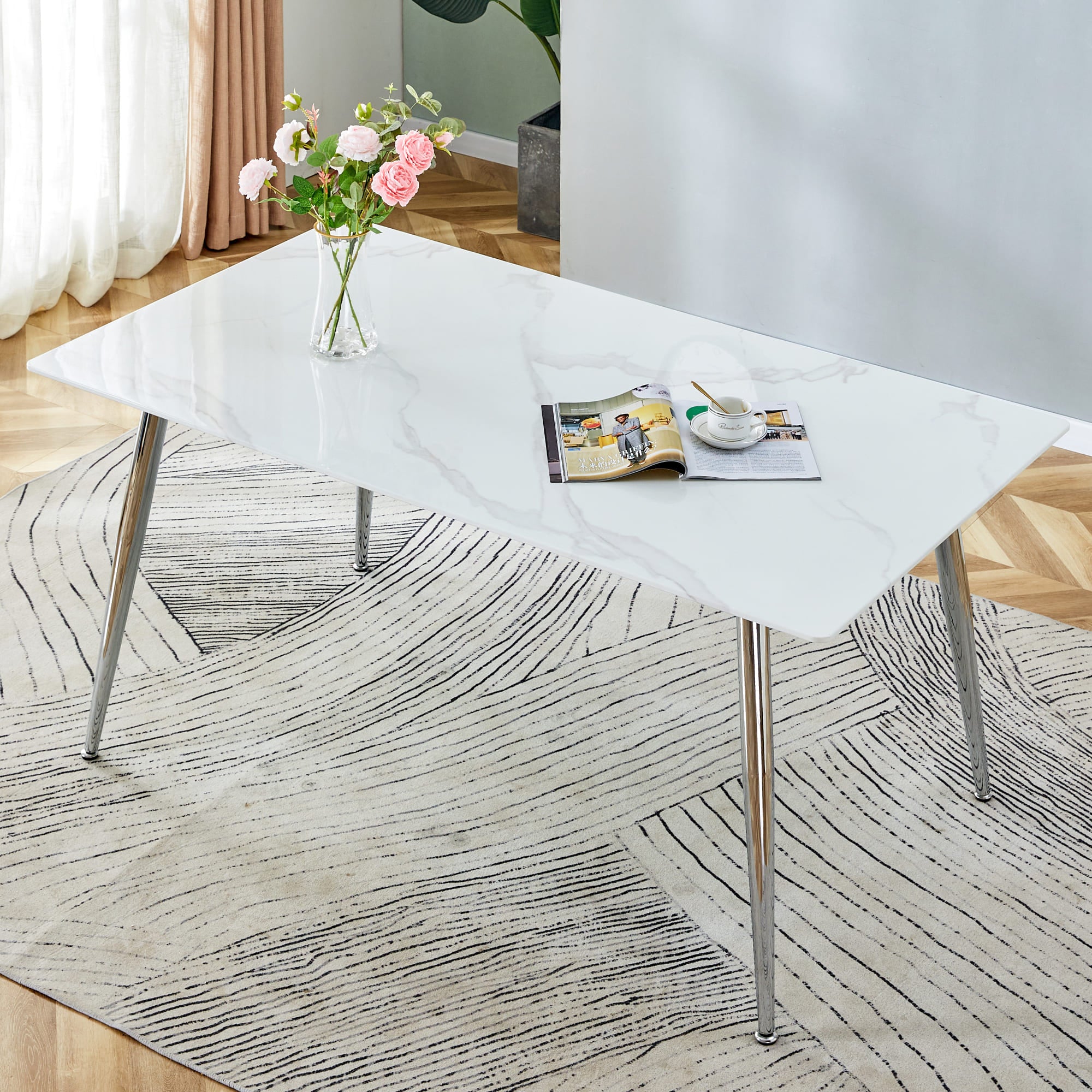 4 to 6 Seater Modern Minimalist Thick Tempered Marbled Glass Dining Table with Silver Metal Legs_0