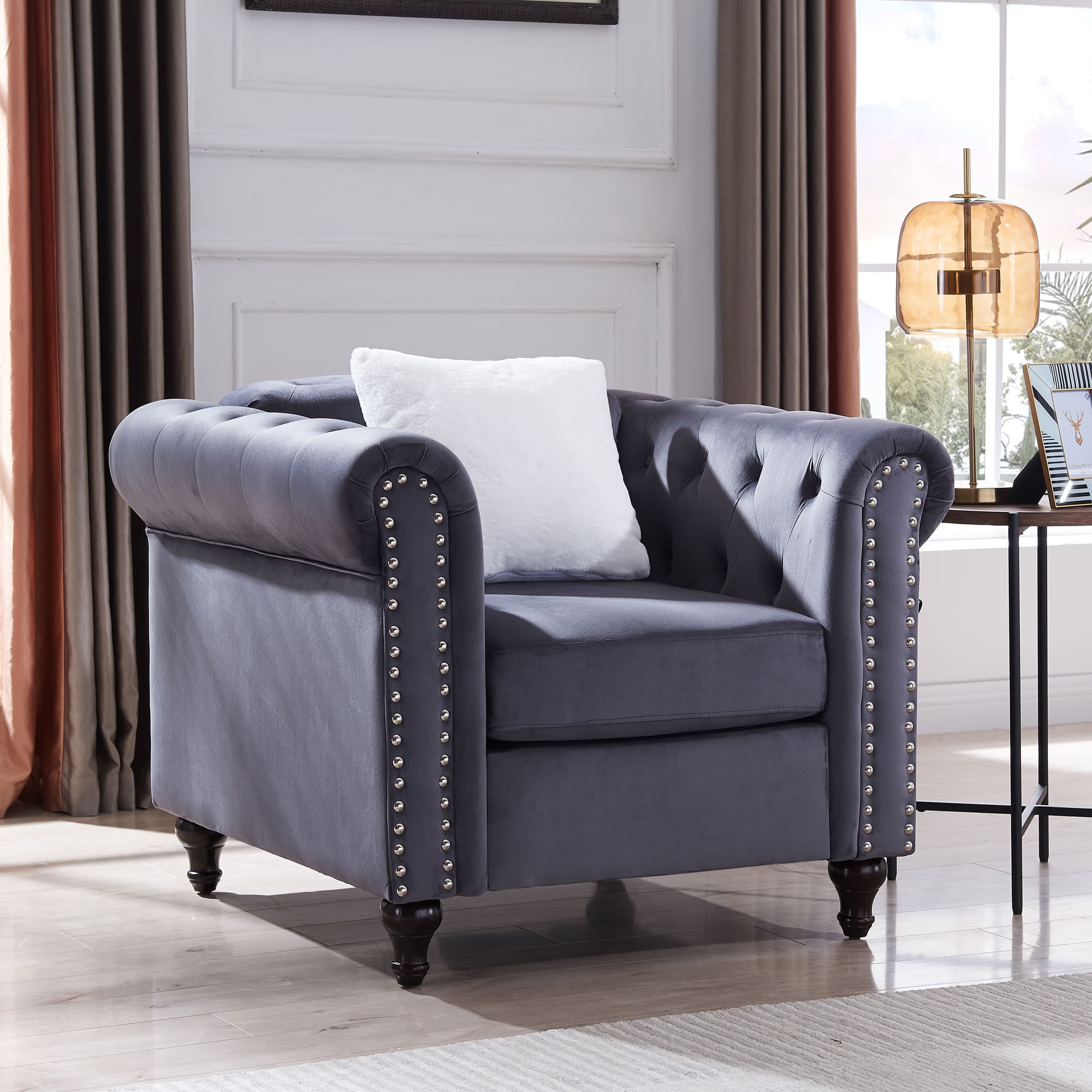 Contemporary Style Sofa Chair with Button and Copper Nail Details with Pillow- Grey_1