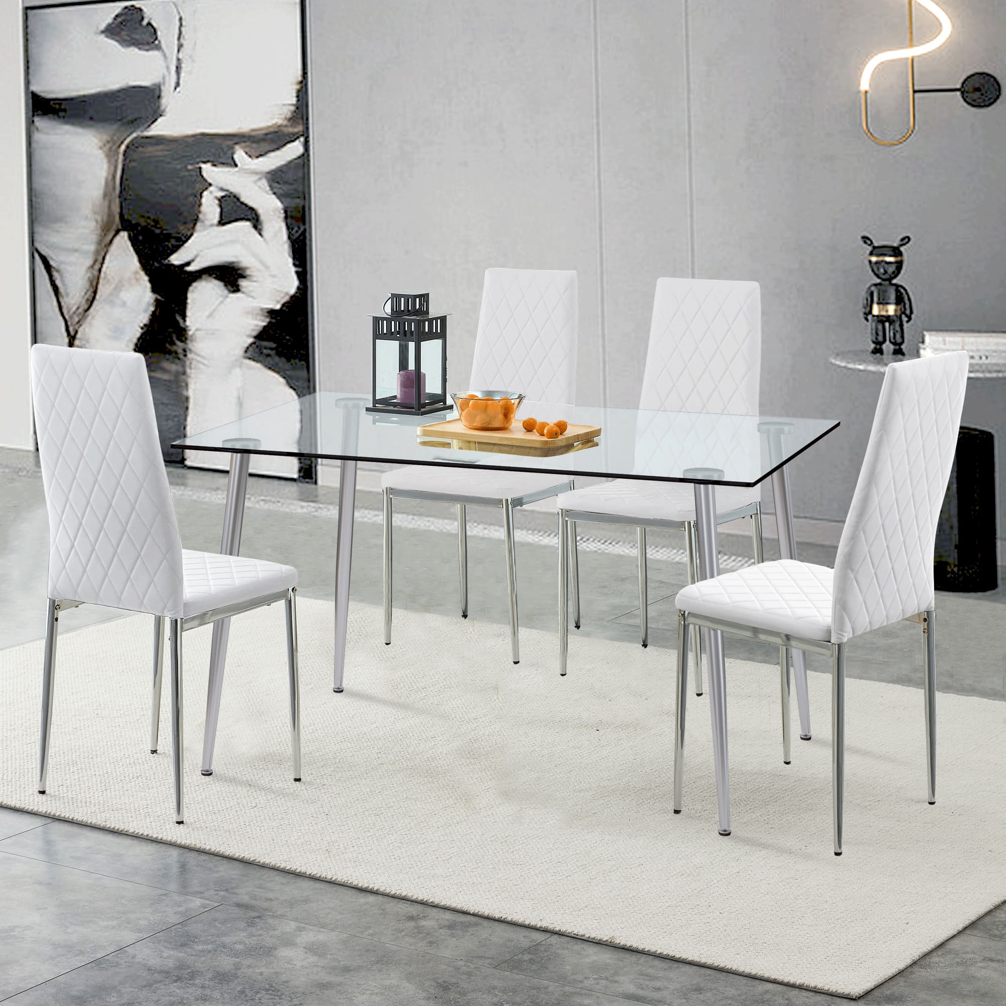 Set of 5 Tempered Glass Dining Table with Dining Chairs- Transparent Table+White Chairs_0