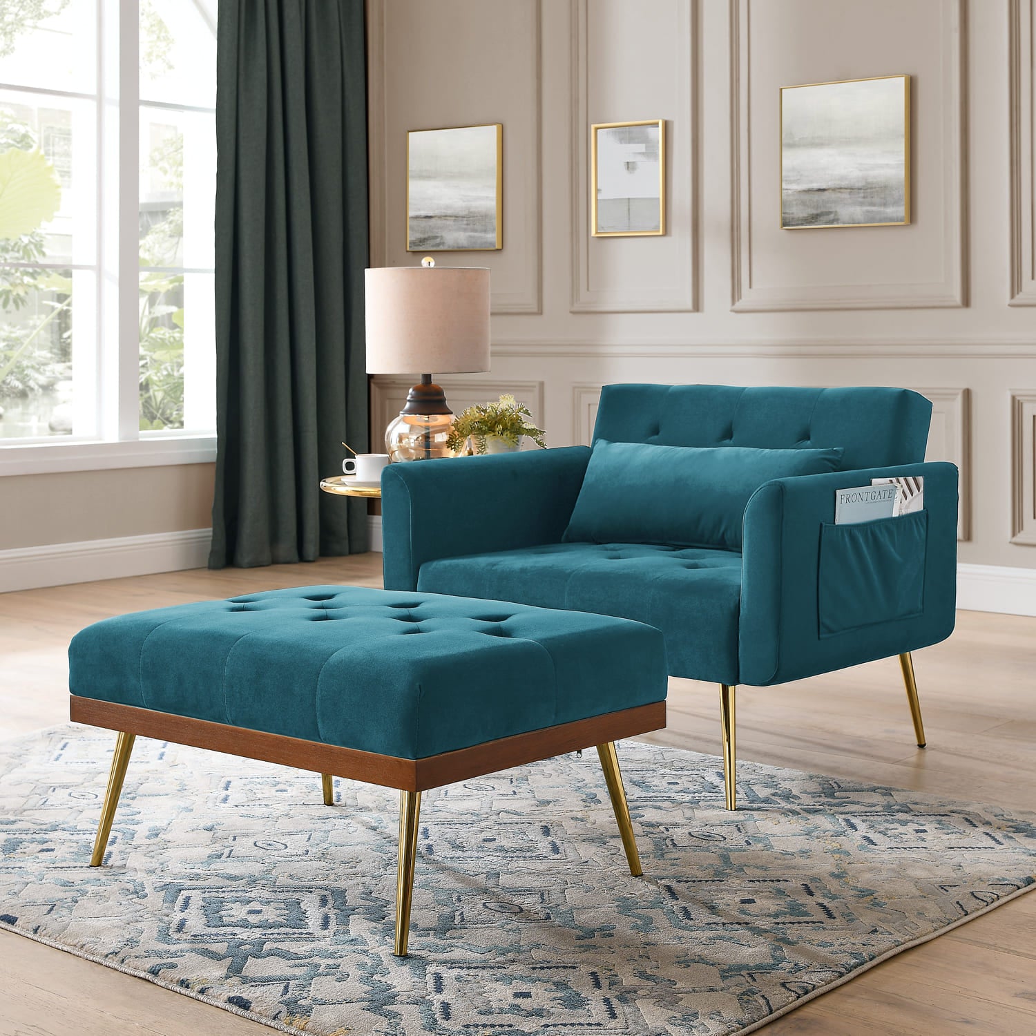 Recline Sofa Chair with Ottoman Two Arm Pocket and Wooden Frame include 1 Pillow, Teal (40.5"x33"x32")_1