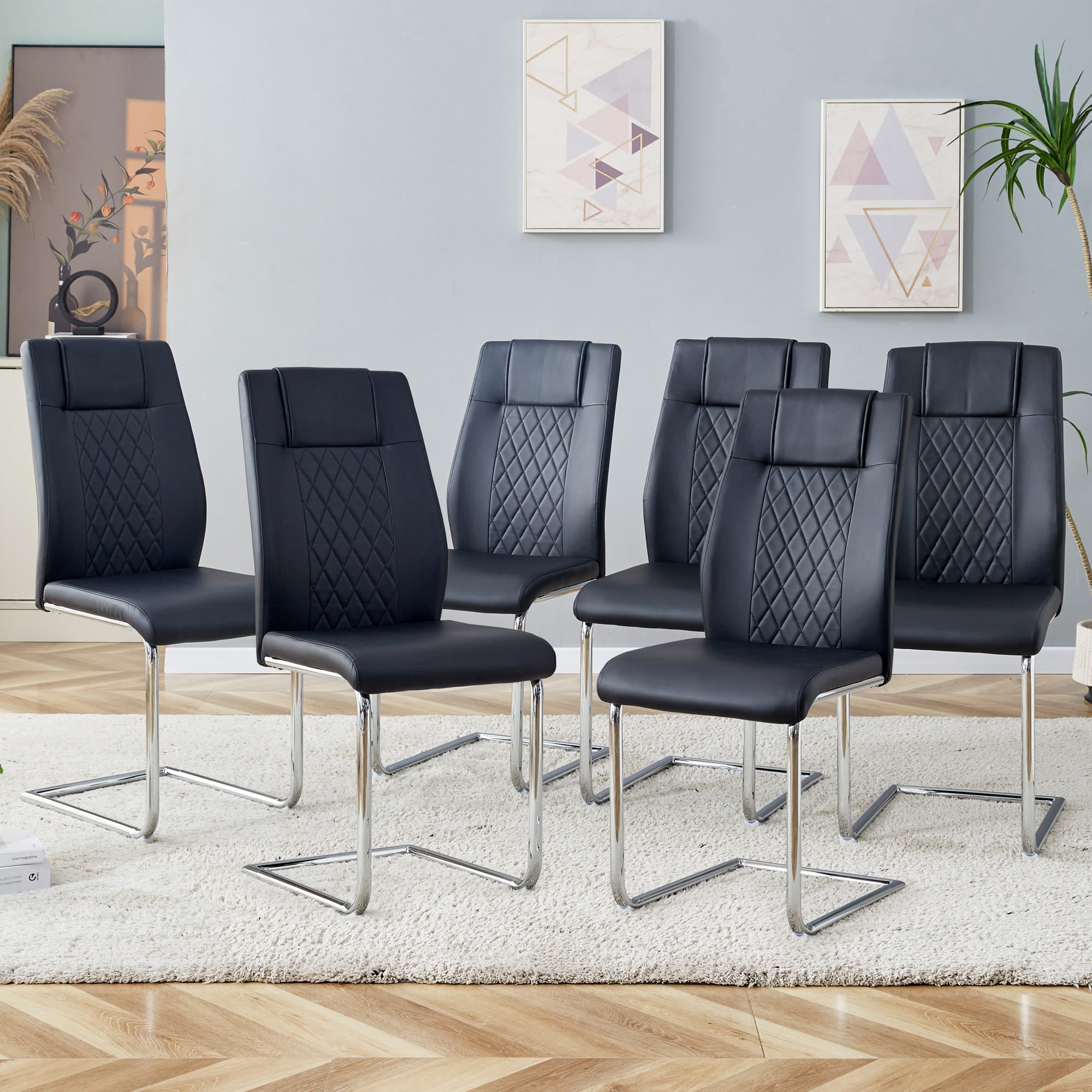 6 Pcs Faux Leather Upholstered Grid High Back Dining Chairs with Metal Base- Black, Silver_0