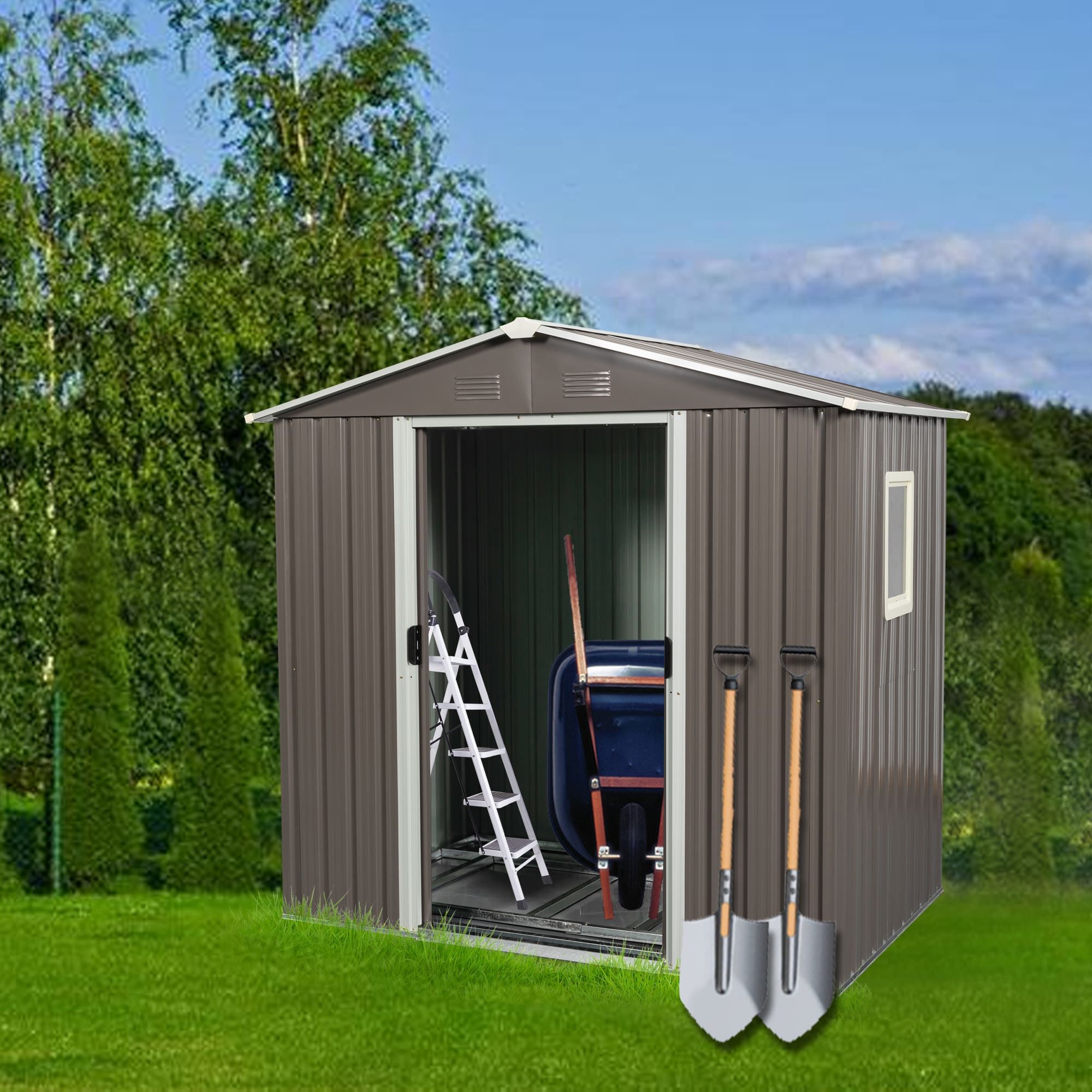 6ft x 5ft  Outdoor Storage Shed for Garden with  Window and Lockable Sliding Door- Gray_8