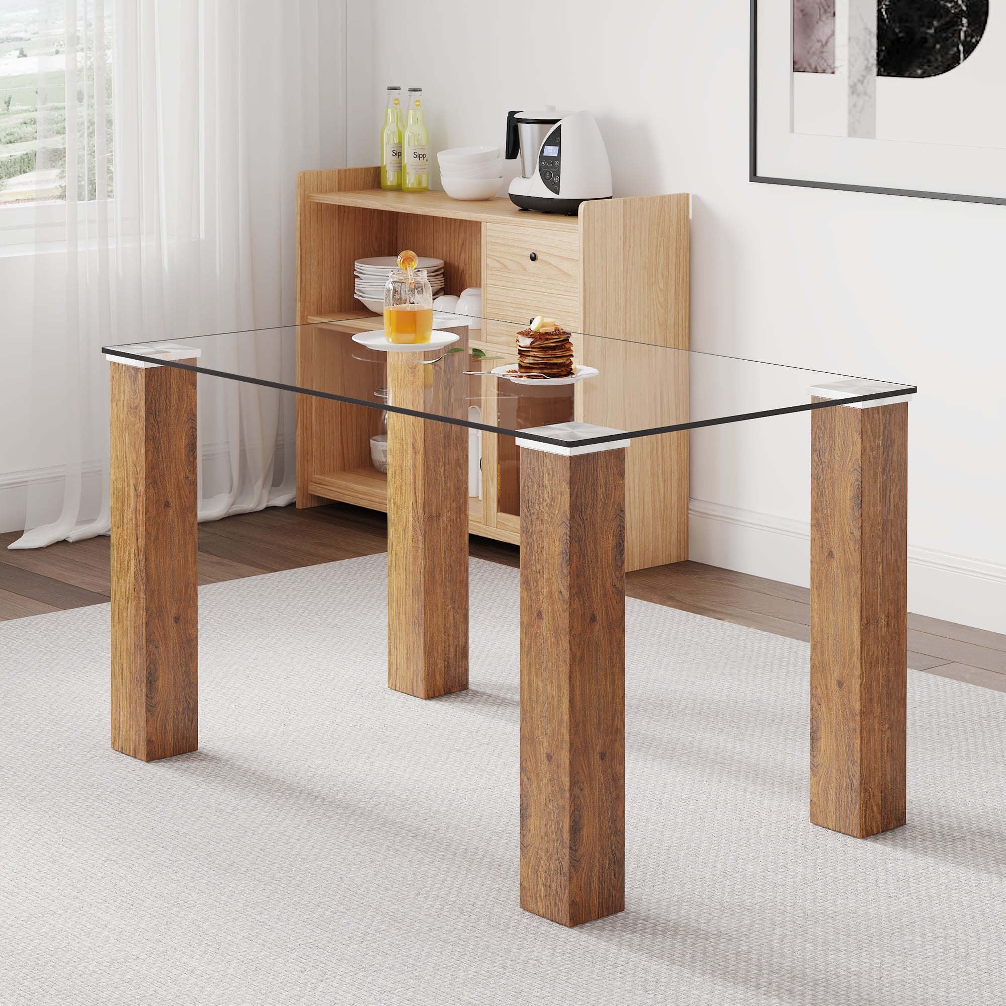 Modern Minimalist Tempered Glass Dining Table with Wooden MDF Legs- Wood_10