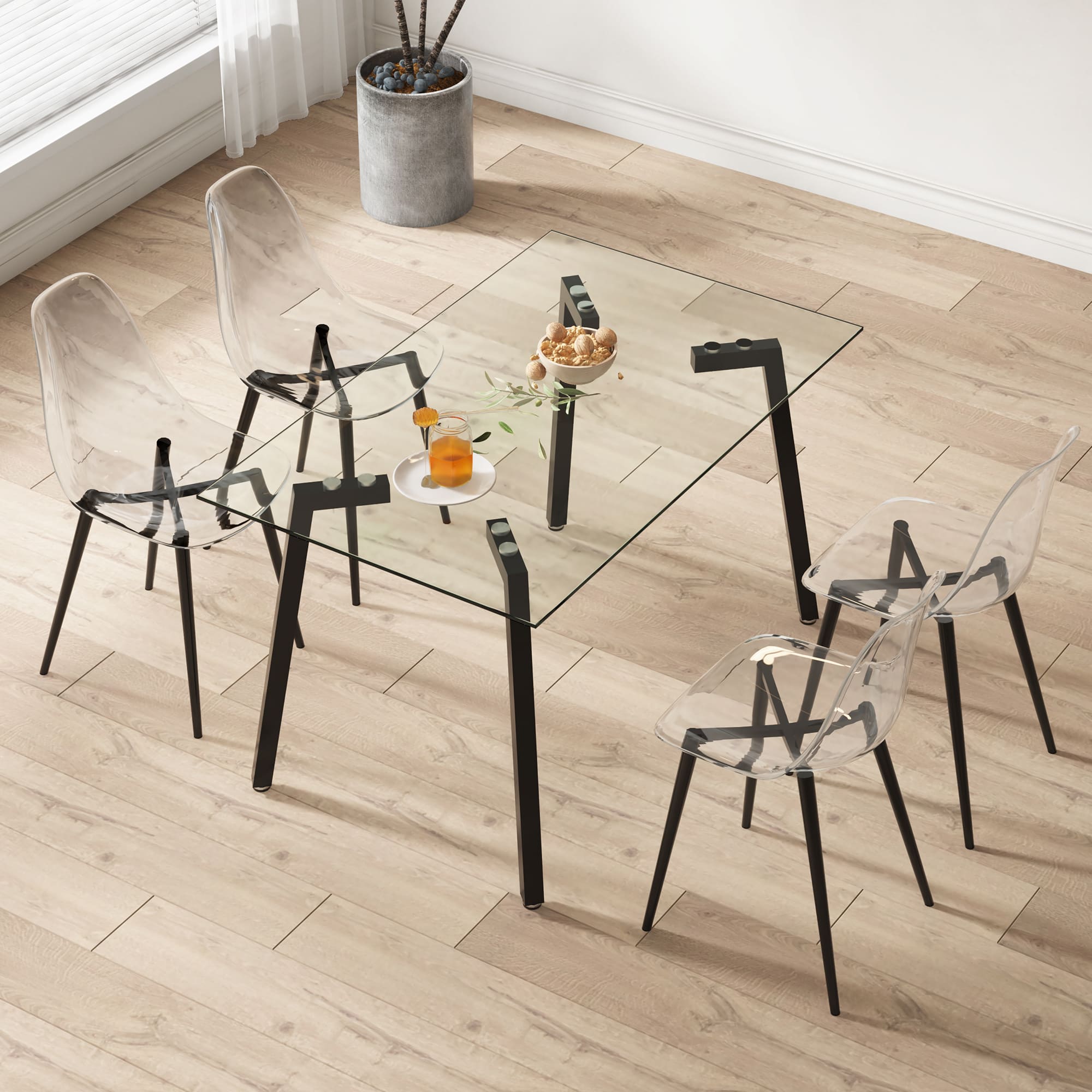 5 Pcs/Set Modern Transparent Ghost Glass Table and Acrylic Chair Set- Black_0