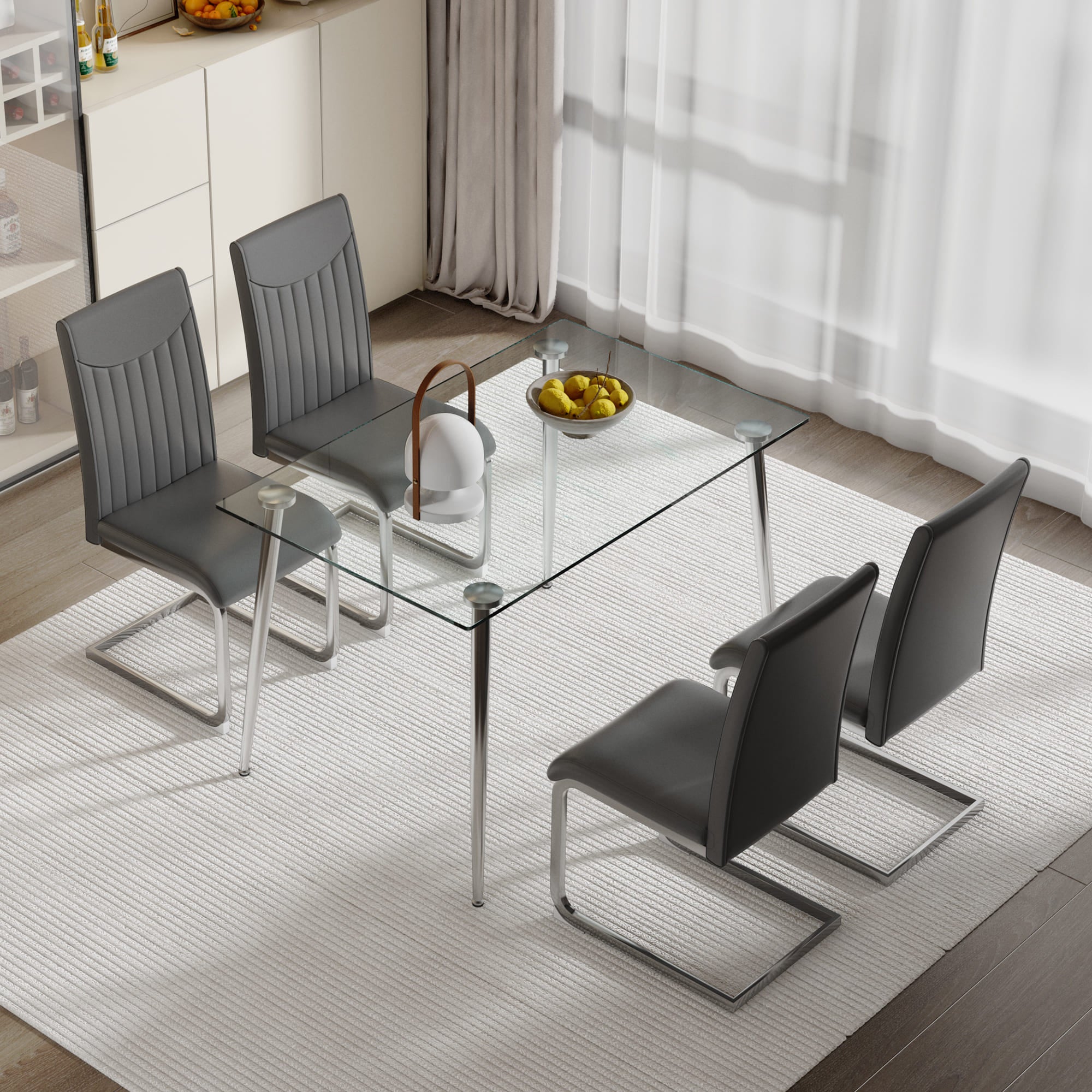 Glass Dining table and Chair Set with 4 Grey Vertical Lined Dining Chairs and 1 Dining Table_1