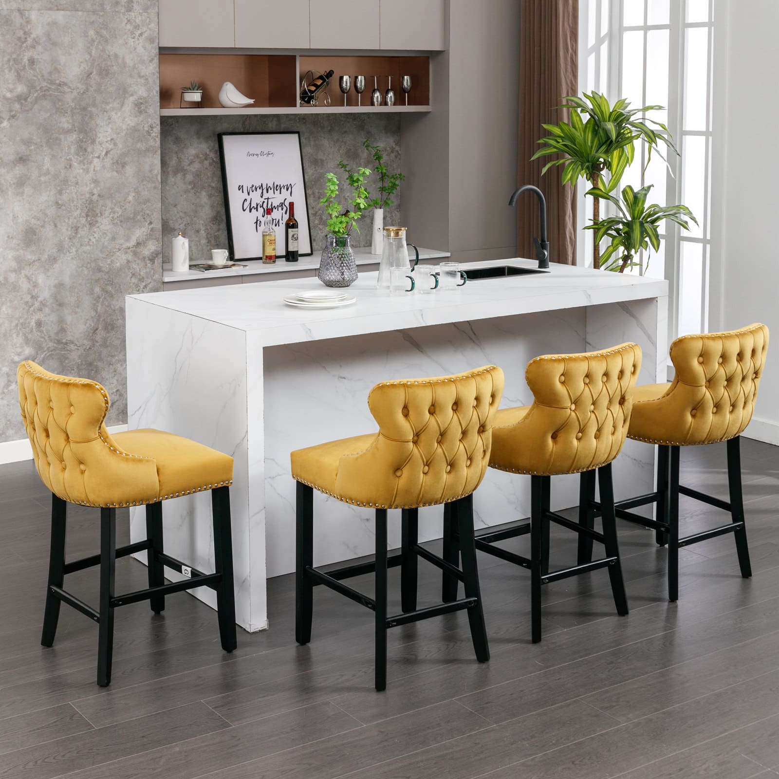 2pcs Chrome Accent Wingback Bar Stools Tufted Velvet with Nailhead and Black Legs- Gold, Black_0