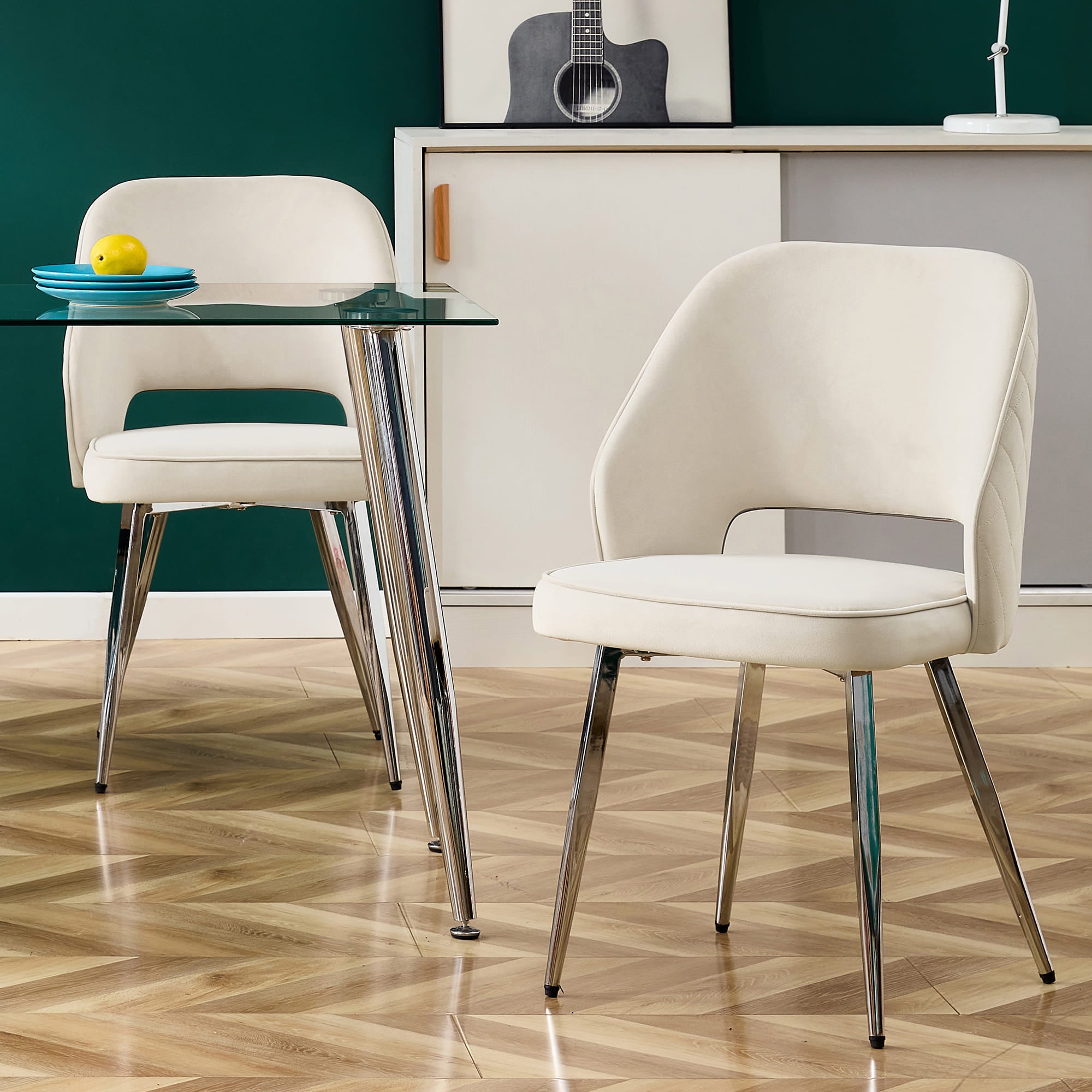 Set of 4 Modern Designed Accent Chair Upholstered Velvet Side Chair with Metal Legs- Light Beige_1