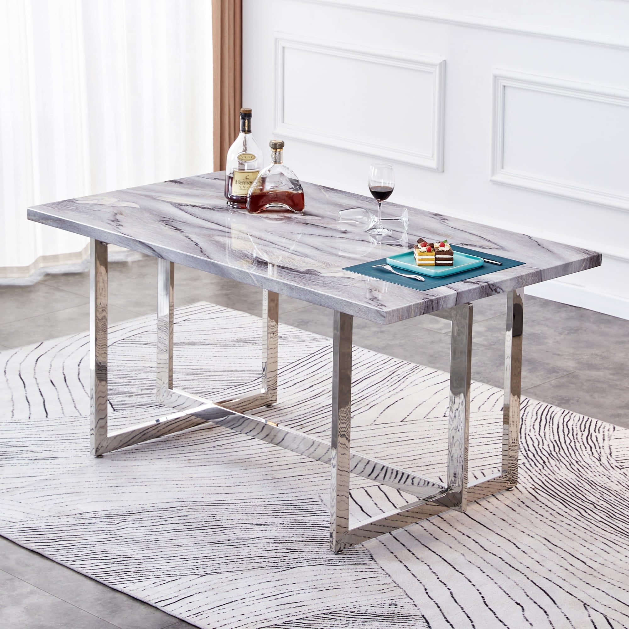 Rectangular Marble Dining Table with Faux Marble Top and Gray U-Shape Base_0