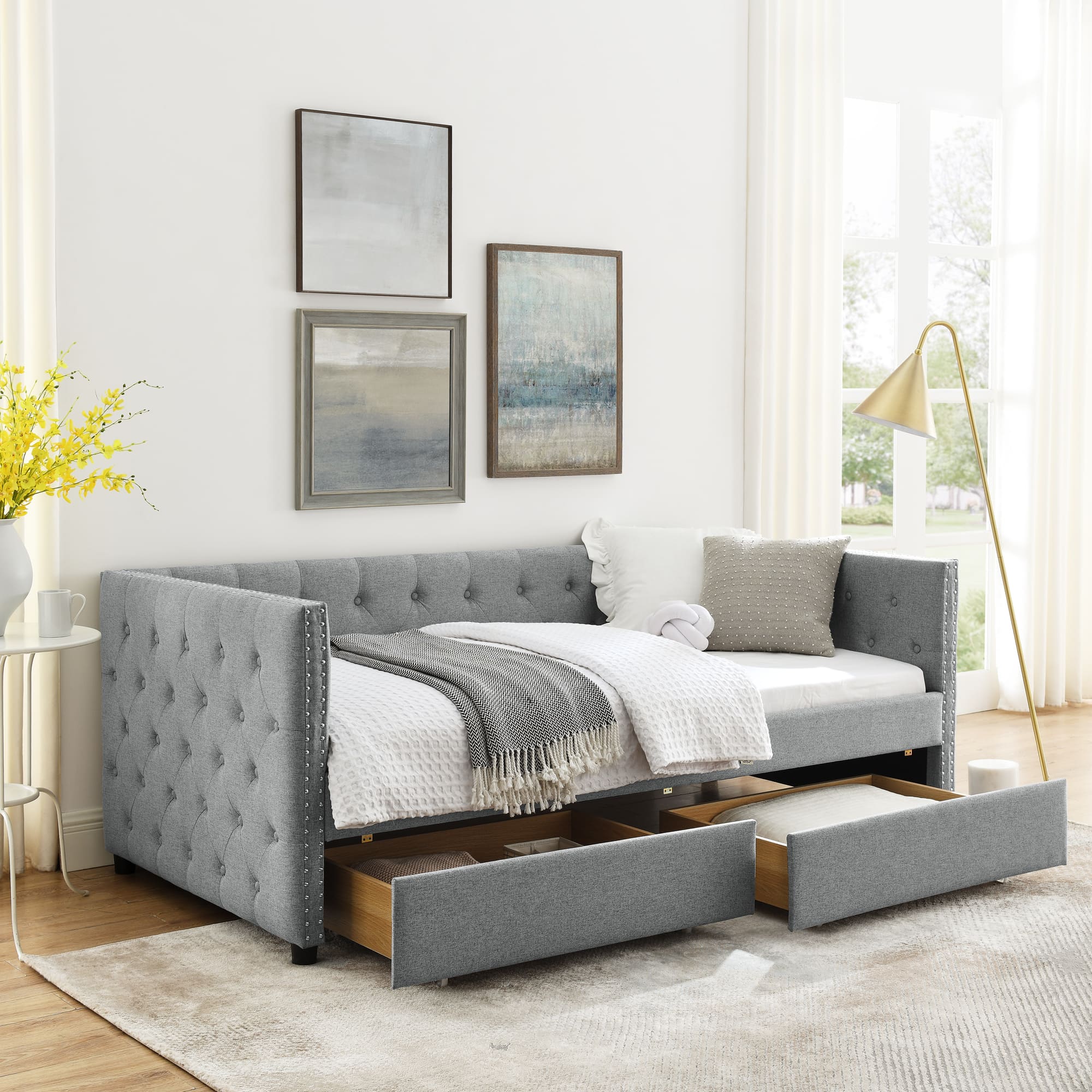 Two Drawers Upholstered Tufted Twin Size Daybed with Nail Heads- Grey_1