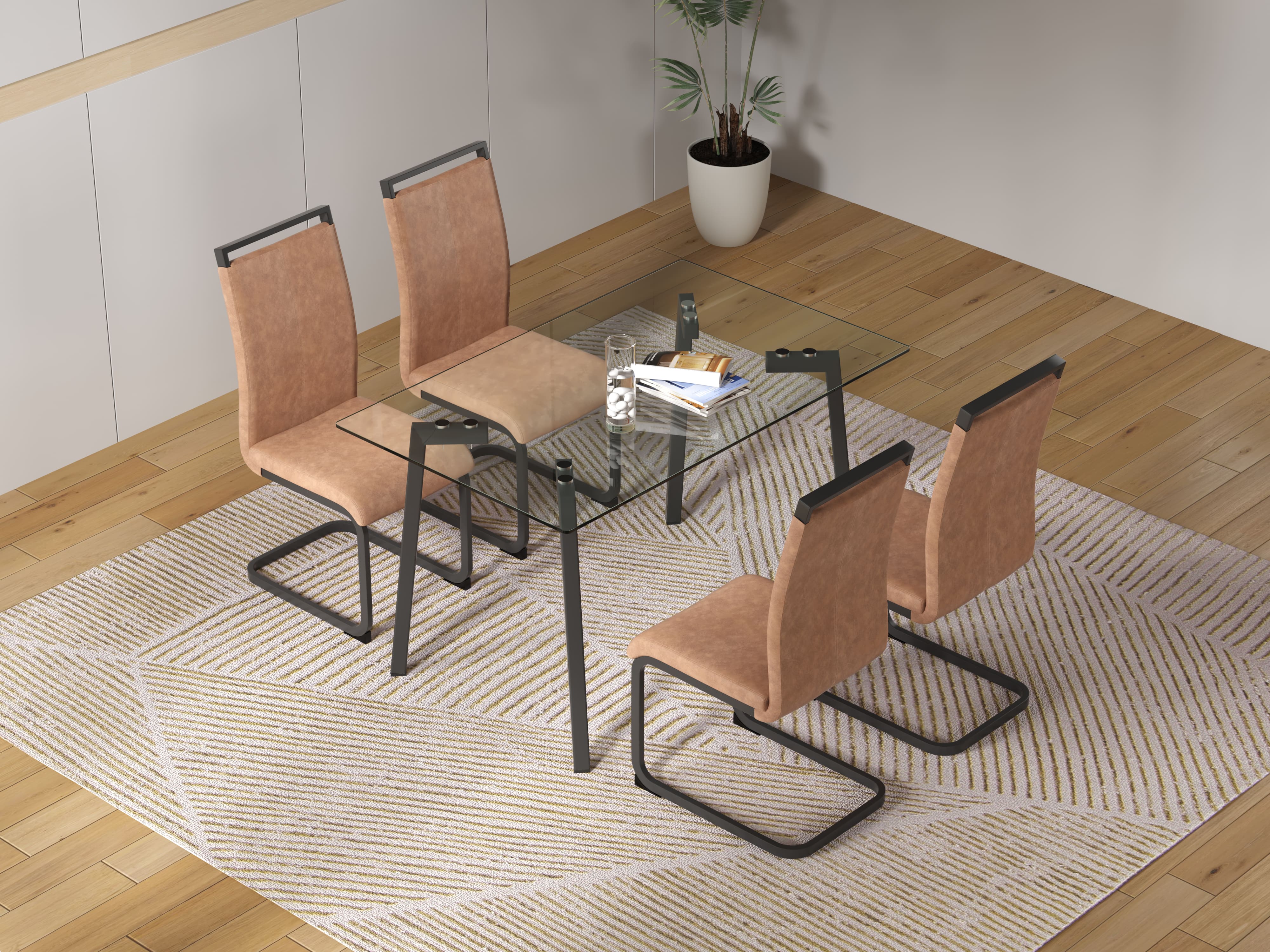 Glass Dining Set- 4 Brown PU Leather Dining Chairs with Slit and 1 Dining Table_0