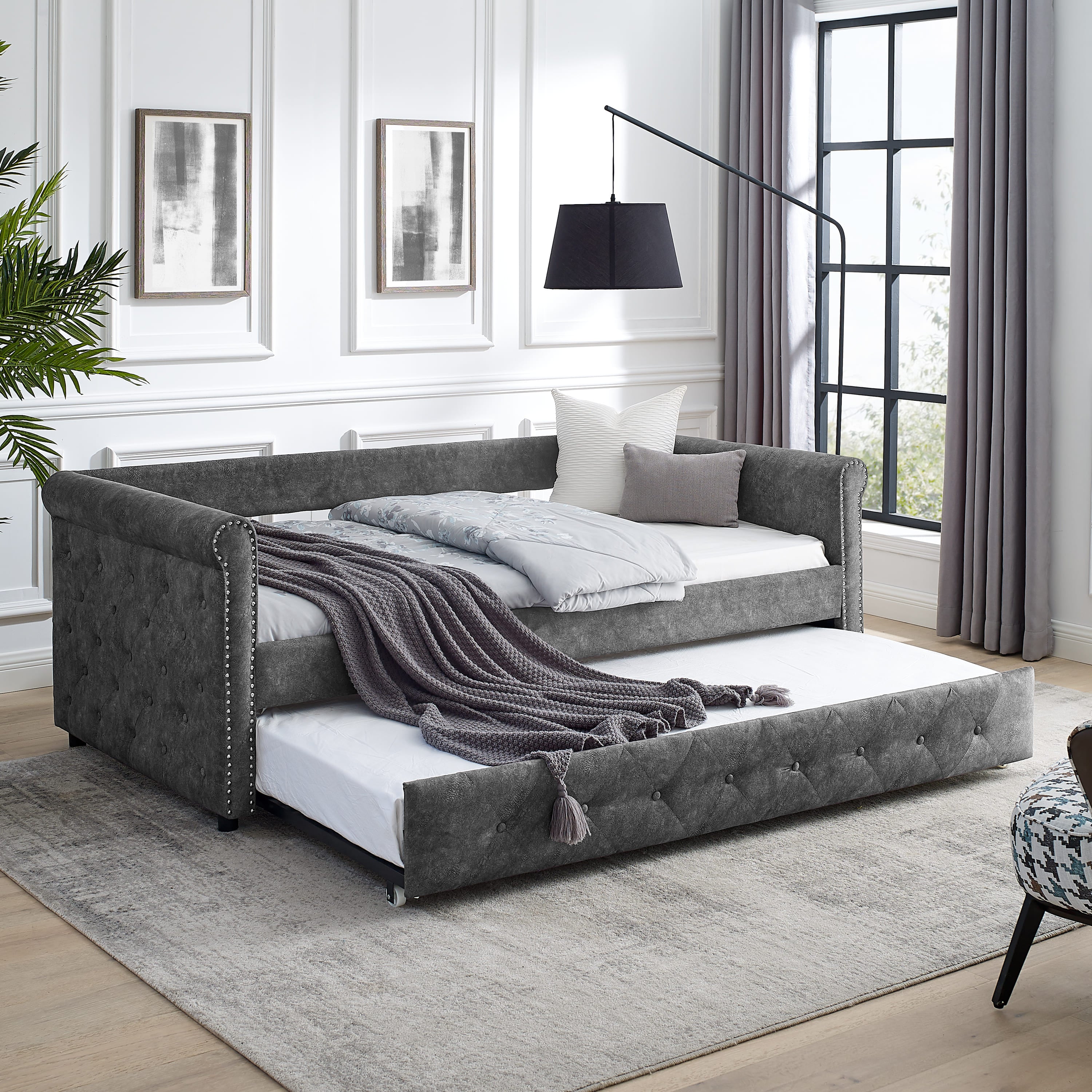 Elegant Full Size Linen Upholstered Daybed with Backrest and Armrests- Gray_1