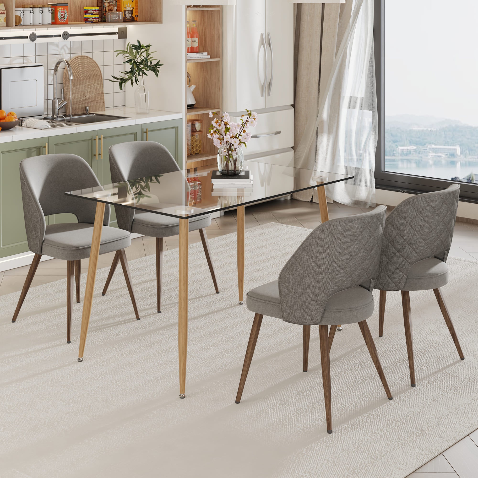 Dining Chair and Table Set- 4 Dark Gray Wooden Colored Metal Leg + 1 Glass Dining Table_0