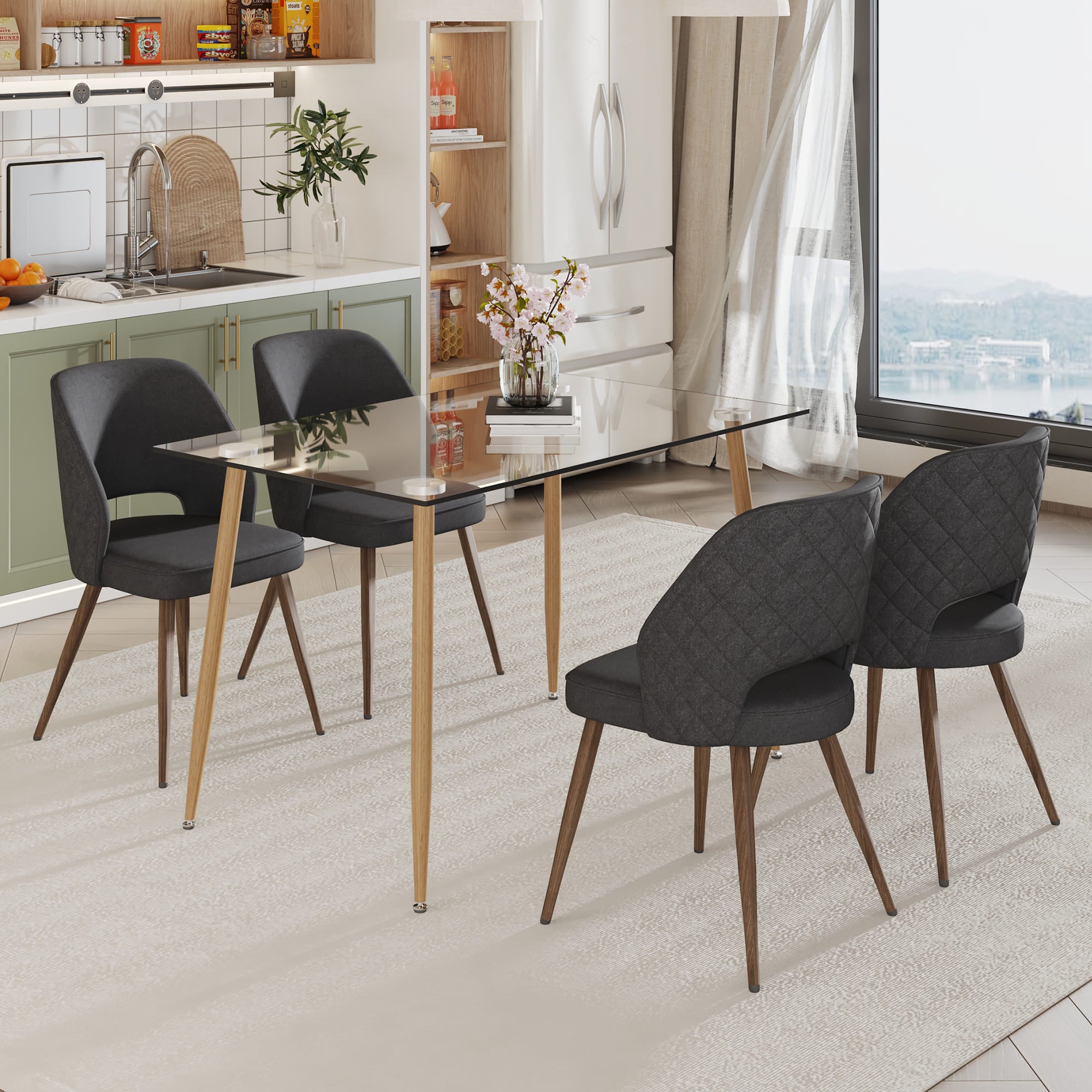 Dining Chair and Table Set- 4 Dark Gray Black Colored Metal Leg+ 1 Glass Dining Table_0