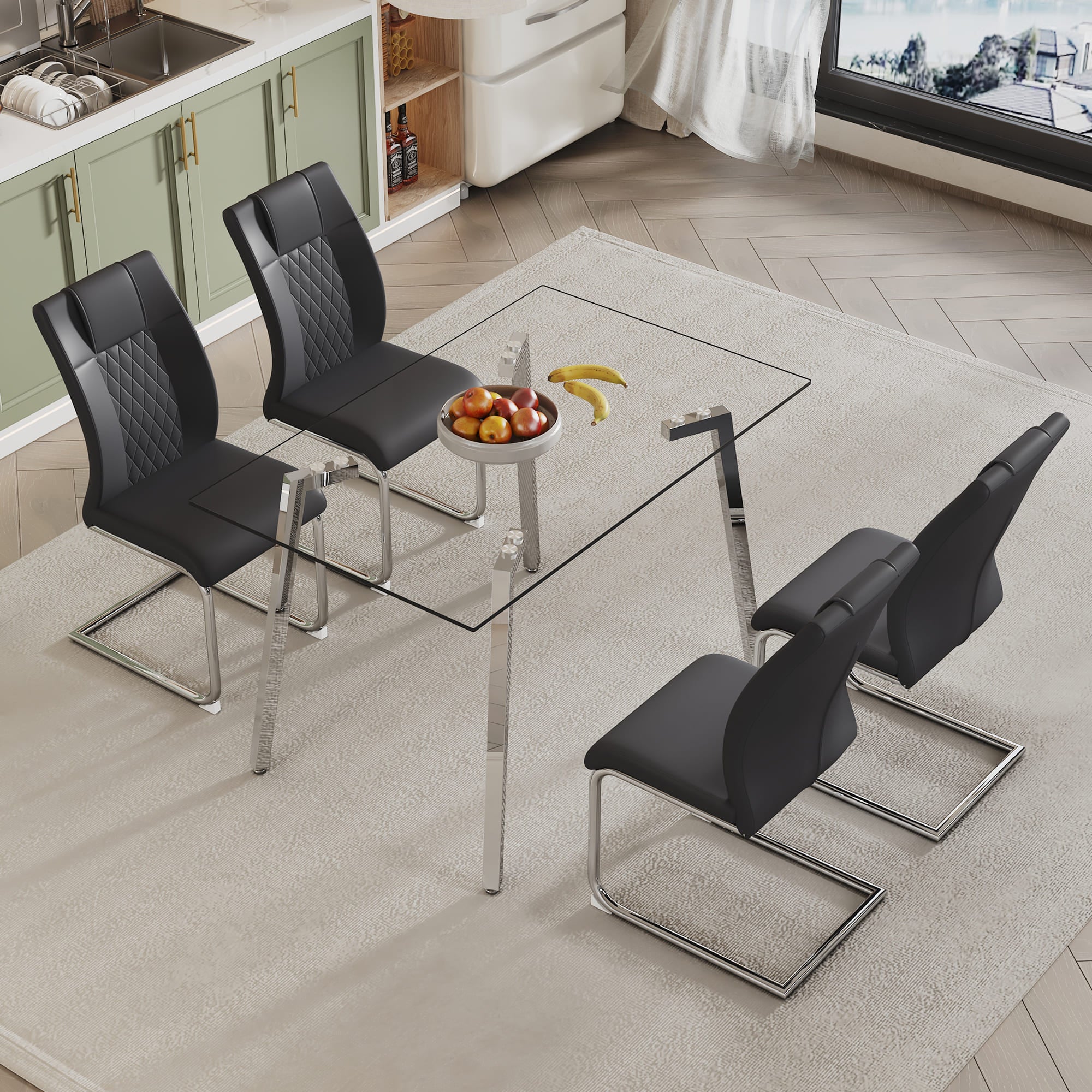 Glass Dining Table and Chair Set- 4 Grid Patterned Black Dining Chairs and 1 Dining Table_0