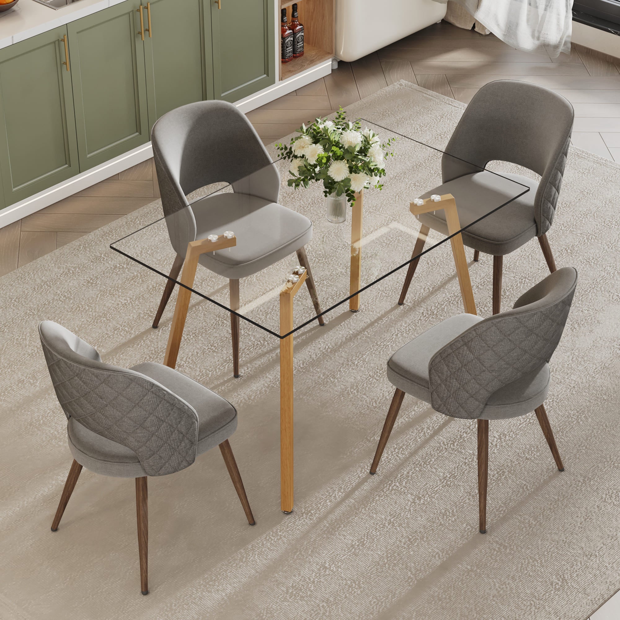 Dining Chair and Table Set- 4 Light Gray Wooden Colored Metal Leg+ 1 Glass Dining Table_0