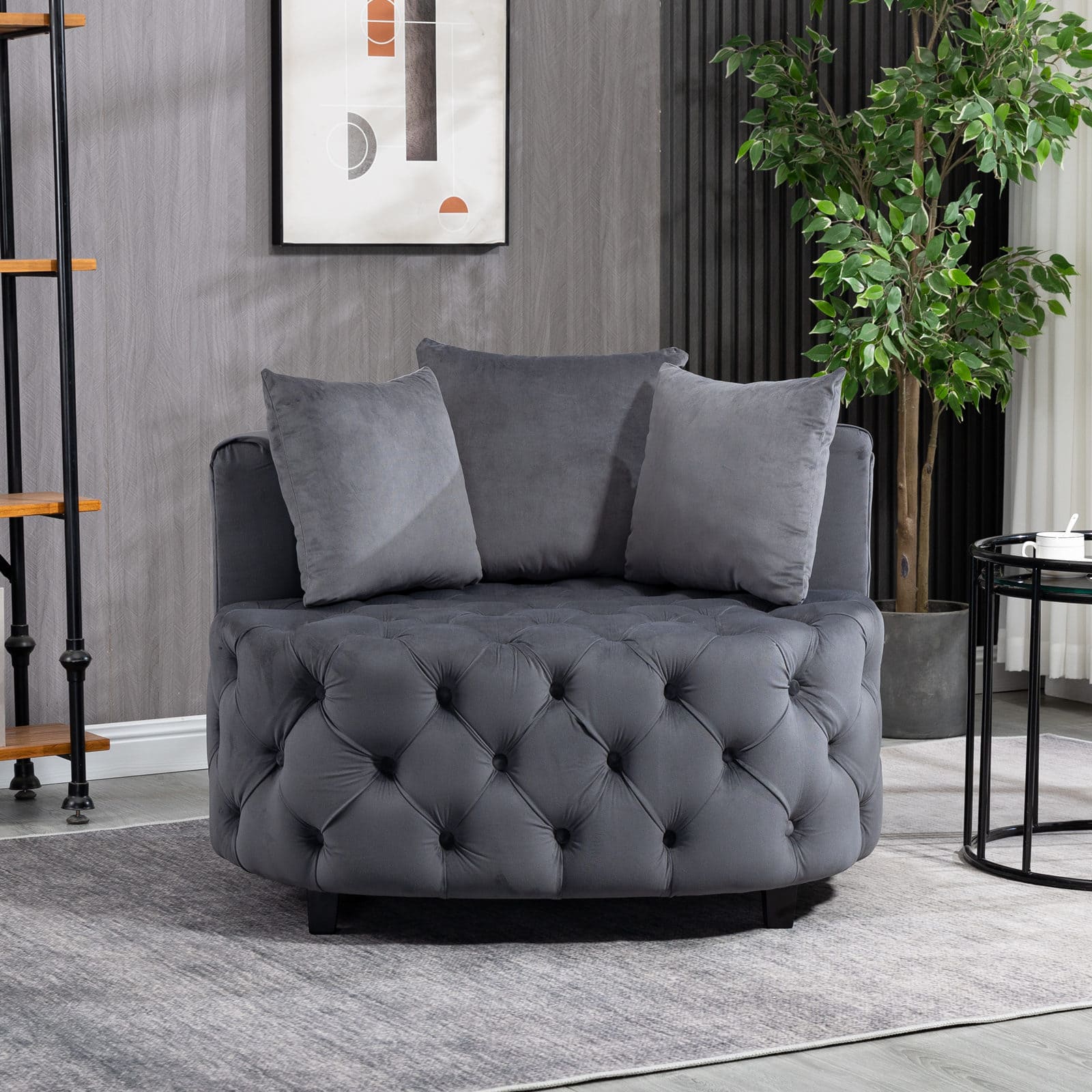 Tufted Upholstered Classical Living Room Barrel Accent Chair with Pillows- Grey_1