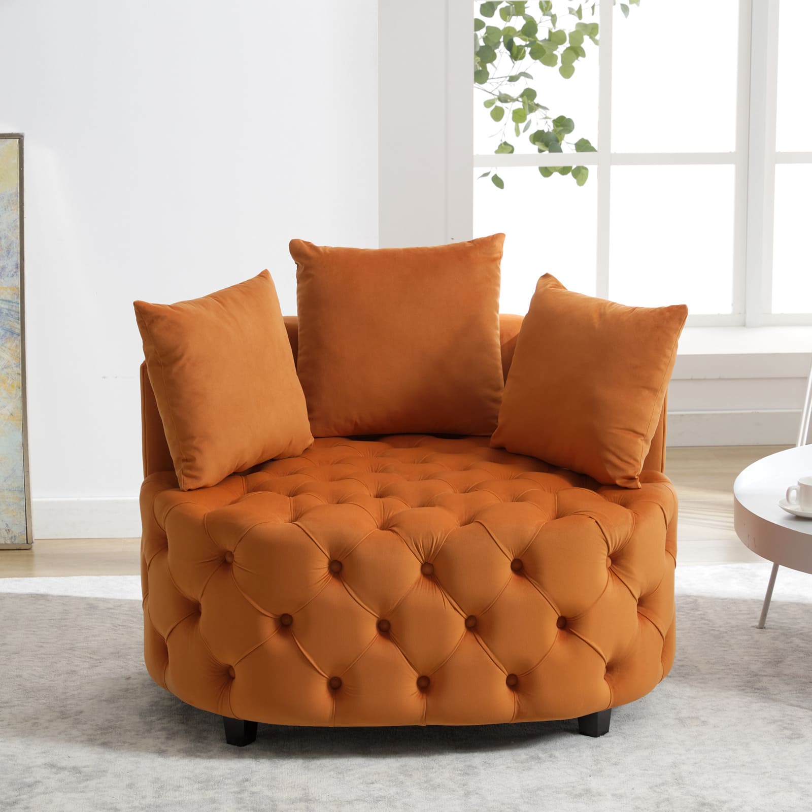 Tufted Upholstered Classical Living Room Barrel Accent Chair with Pillows- Orange_0