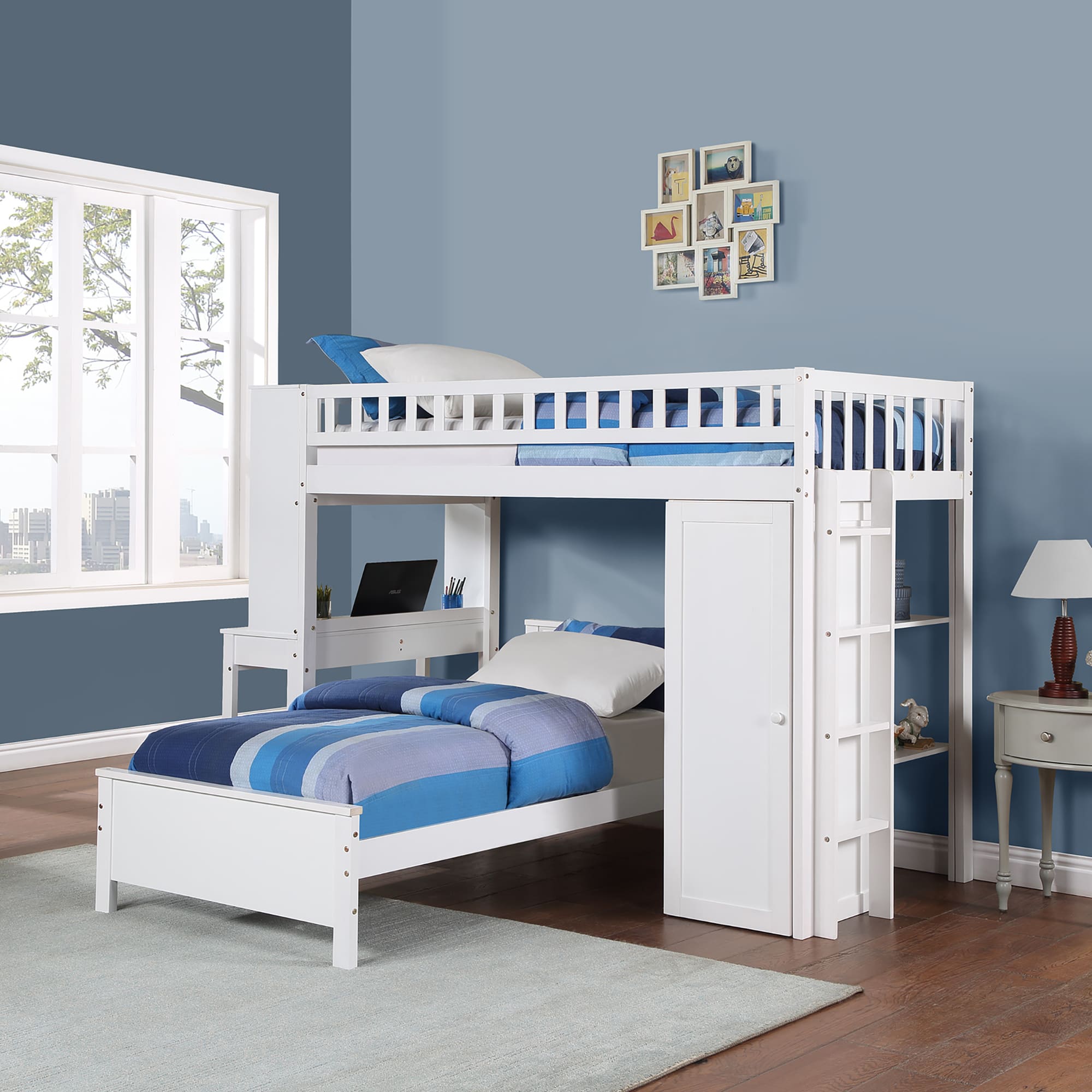 Twin Size Loft Bed with Closet and Desk and Extra Bottom Twin Bed- White_0