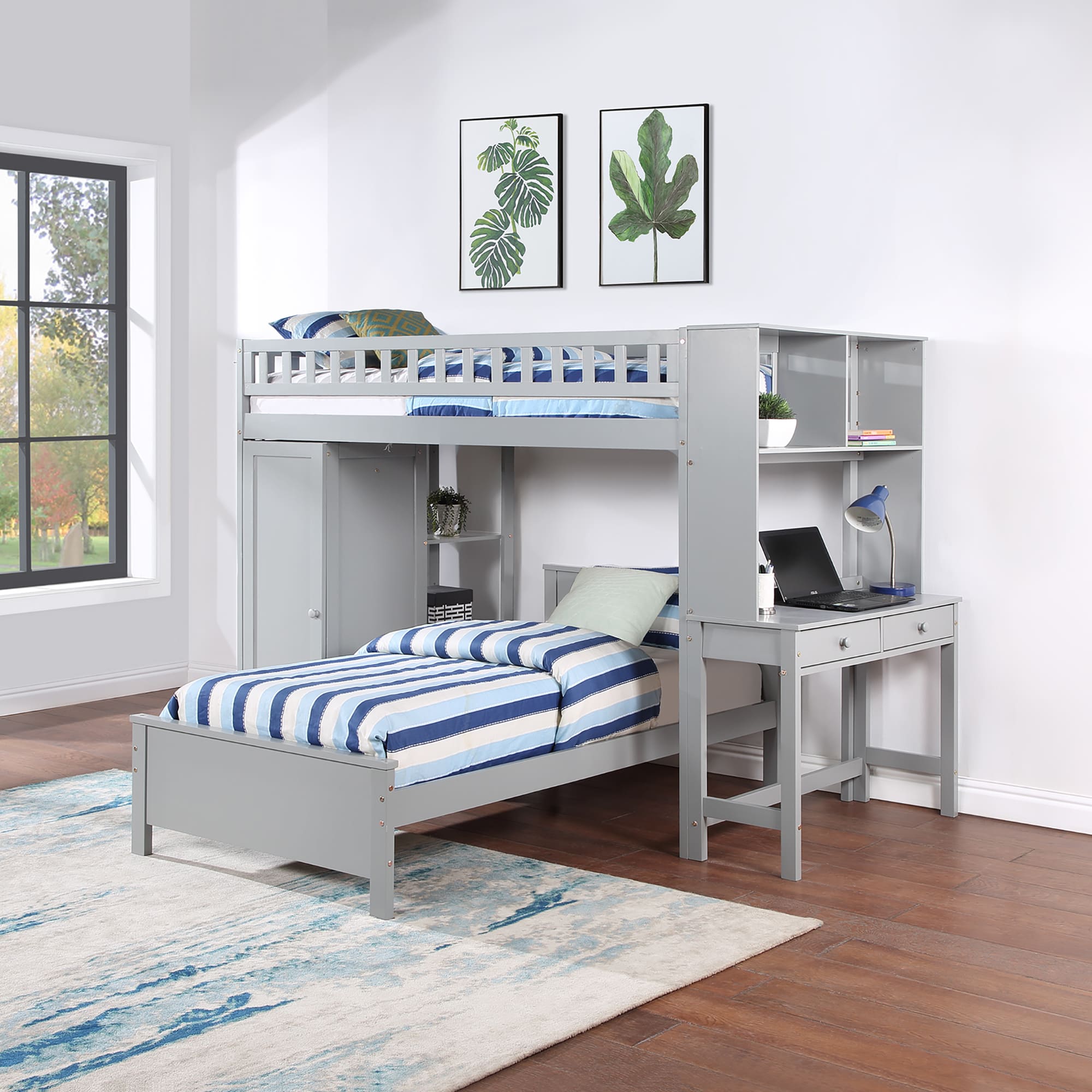 Twin Size Loft Bed with Closet and Desk and Extra Bottom Twin Bed- Grey_3