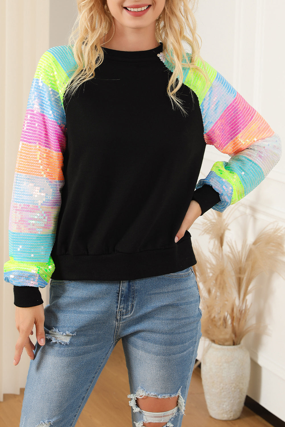 Black Sequin Color Block Raglan Sleeve Pullover Sweatshirt