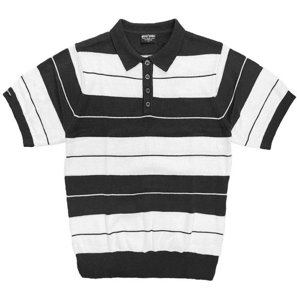 The Charlie Brown Shirt Short Sleeve Polo is a short-sleeve, polo-style shirt adorned with horizontal blue and light blue stripes. It features a buttoned collar, ribbed hem, and sleeve cuffs. Made from 100% acrylic, this design adds a touch of 1950s nostalgia to your wardrobe, reminiscent of classic Charlie Brown polos.