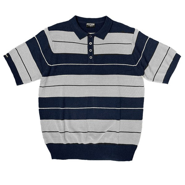 The Charlie Brown Shirt Short Sleeve Polo is a short-sleeve, polo-style shirt adorned with horizontal blue and light blue stripes. It features a buttoned collar, ribbed hem, and sleeve cuffs. Made from 100% acrylic, this design adds a touch of 1950s nostalgia to your wardrobe, reminiscent of classic Charlie Brown polos.