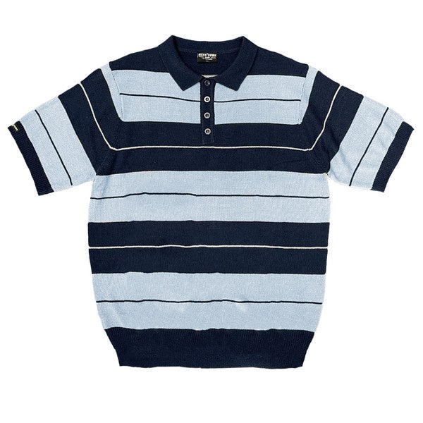 The Charlie Brown Shirt Short Sleeve Polo is a short-sleeve, polo-style shirt adorned with horizontal blue and light blue stripes. It features a buttoned collar, ribbed hem, and sleeve cuffs. Made from 100% acrylic, this design adds a touch of 1950s nostalgia to your wardrobe, reminiscent of classic Charlie Brown polos.