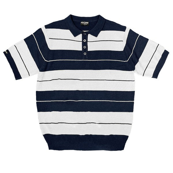 The Charlie Brown Shirt Short Sleeve Polo is a short-sleeve, polo-style shirt adorned with horizontal blue and light blue stripes. It features a buttoned collar, ribbed hem, and sleeve cuffs. Made from 100% acrylic, this design adds a touch of 1950s nostalgia to your wardrobe, reminiscent of classic Charlie Brown polos.