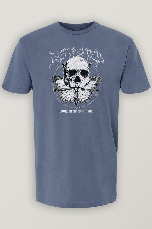 The Skull Butterfly Vintage Garment Dye Tee is a vintage-inspired gray t-shirt adorned with a captivating skull graphic featuring butterfly wings and the phrase "Living in the Nightmare." Its unique garment dye finish creates a timeless yet edgy look, ideal for those who dare to stand out.