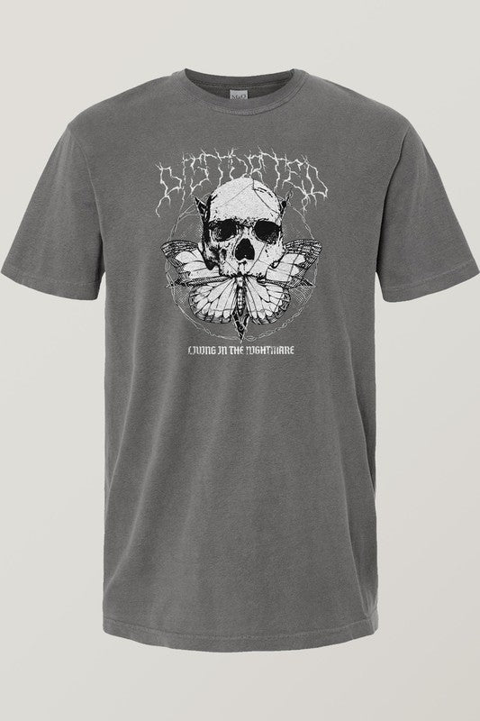 The Skull Butterfly Vintage Garment Dye Tee is a vintage-inspired gray t-shirt adorned with a captivating skull graphic featuring butterfly wings and the phrase "Living in the Nightmare." Its unique garment dye finish creates a timeless yet edgy look, ideal for those who dare to stand out.