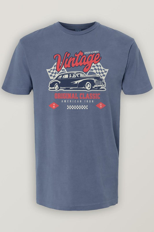 The Vintage Car Vintage Garment Dye Tee is a unisex green t-shirt featuring a vintage car graphic adorned with the text "Vintage Original Classic American Iron" and checkered patterns, making it an ideal graphic top for enthusiasts.