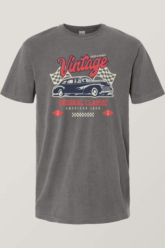 The Vintage Car Vintage Garment Dye Tee is a unisex green t-shirt featuring a vintage car graphic adorned with the text "Vintage Original Classic American Iron" and checkered patterns, making it an ideal graphic top for enthusiasts.