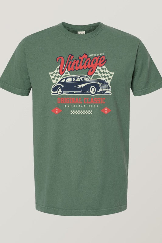 The Vintage Car Vintage Garment Dye Tee is a unisex green t-shirt featuring a vintage car graphic adorned with the text "Vintage Original Classic American Iron" and checkered patterns, making it an ideal graphic top for enthusiasts.