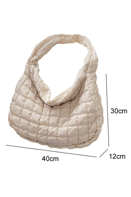 The Beige Quilted Zipper Large Jennie Shoulder Bag features a zipper closure and has dimensions of 40cm wide, 30cm tall, and 12cm deep.