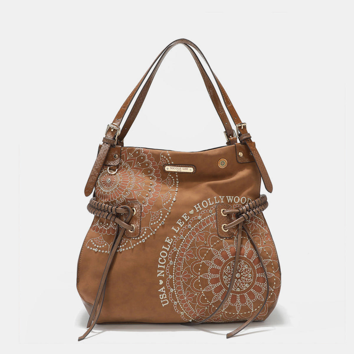 The Nicole Lee USA Side Braided Tassel Inlaid Rhinestone Embroidery Hobo Bag features intricately designed white mandala patterns on brown vegan leather, along with "Nicole Lee Hollywood USA" text. It includes top handles and decorative braided accents, as well as adjustable dual shoulder straps for added versatility.