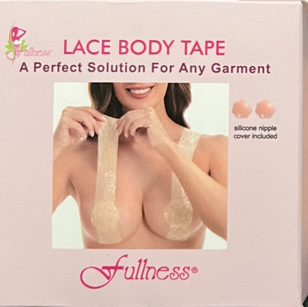 Two boxes of Body Tape lace with silicone nipples, featuring one roll each of beige and white lace tape, along with four adhesive nipple covers, are neatly arranged on a white surface. This versatile garment solution is ideal for any occasion. Made in China.