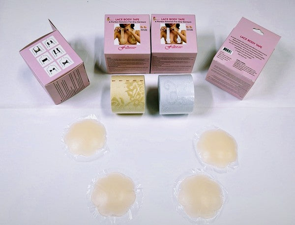 Two boxes of Body Tape lace with silicone nipples, featuring one roll each of beige and white lace tape, along with four adhesive nipple covers, are neatly arranged on a white surface. This versatile garment solution is ideal for any occasion. Made in China.