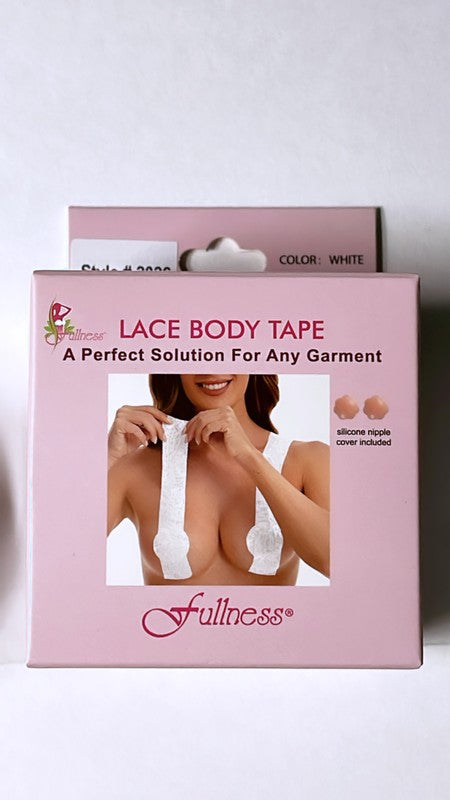 Two boxes of Body Tape lace with silicone nipples, featuring one roll each of beige and white lace tape, along with four adhesive nipple covers, are neatly arranged on a white surface. This versatile garment solution is ideal for any occasion. Made in China.